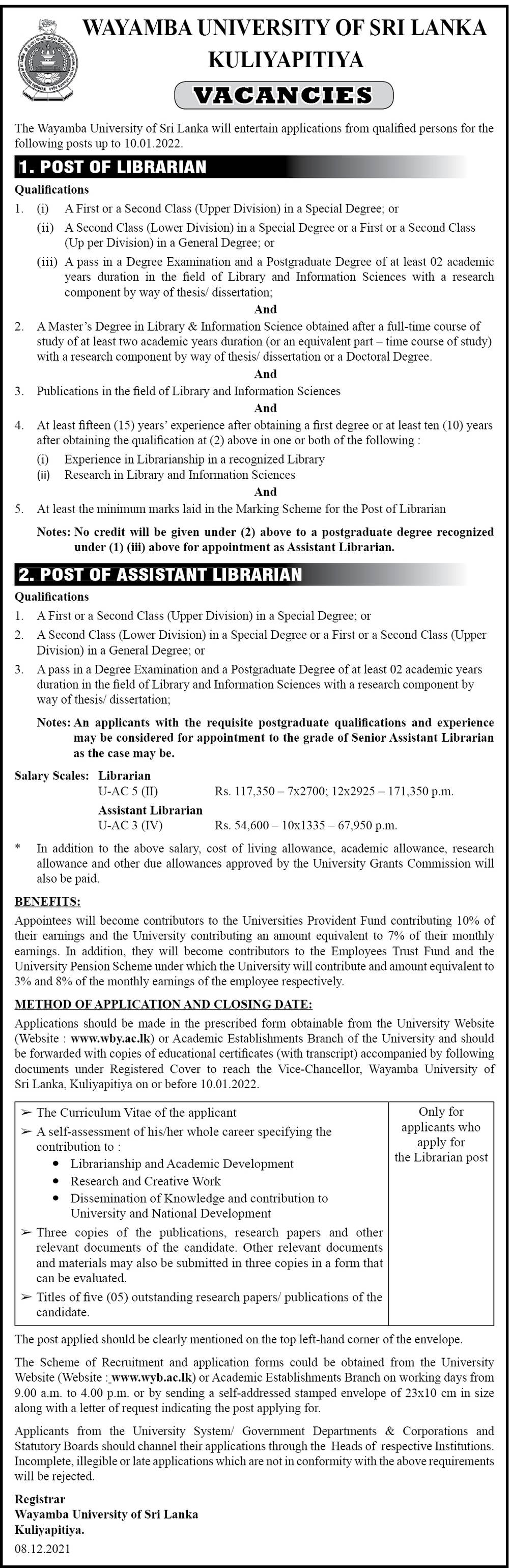 Librarian, Assistant Librarian - Wayamba University of Sri Lanka