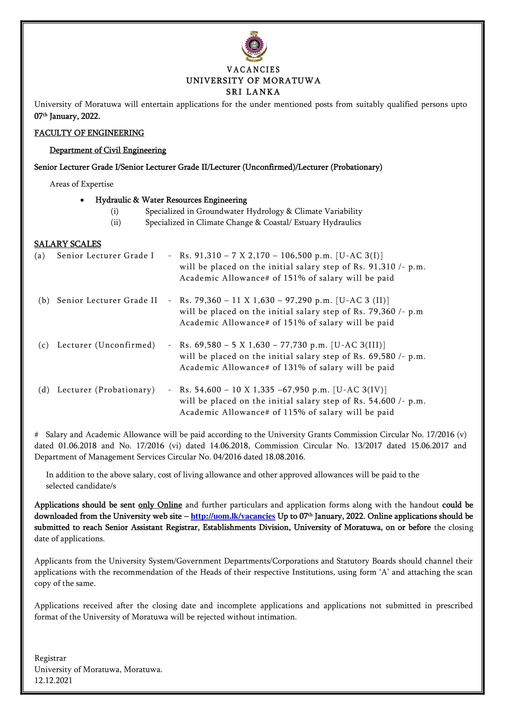 Senior Lecturer, Lecturer - University of Moratuwa