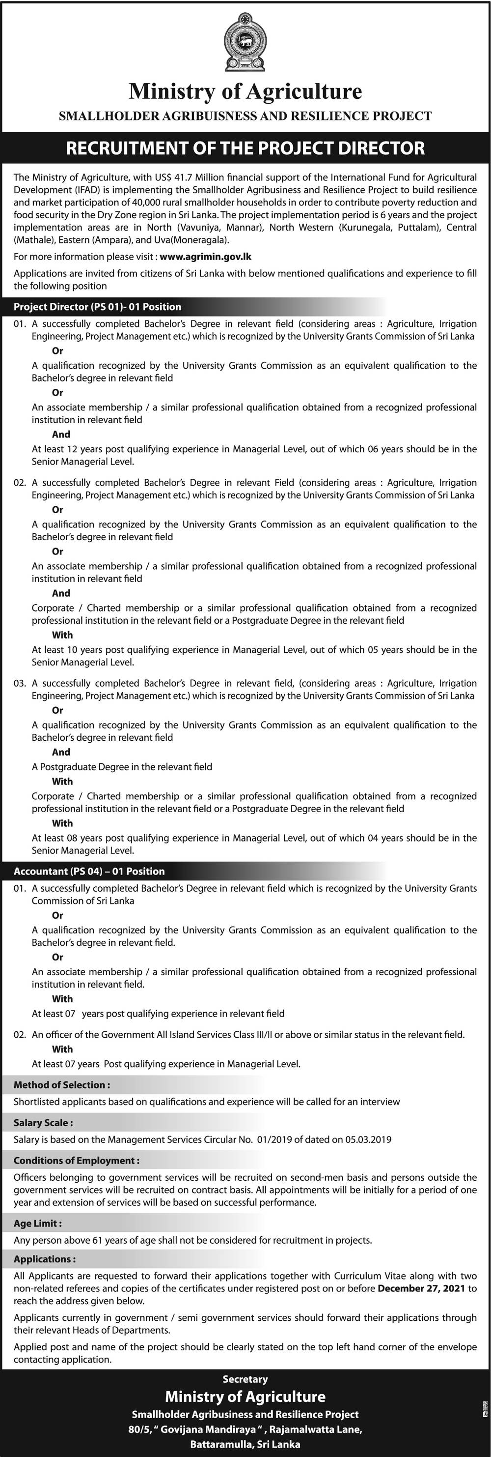 Project Director, Accountant - Ministry of Agriculture