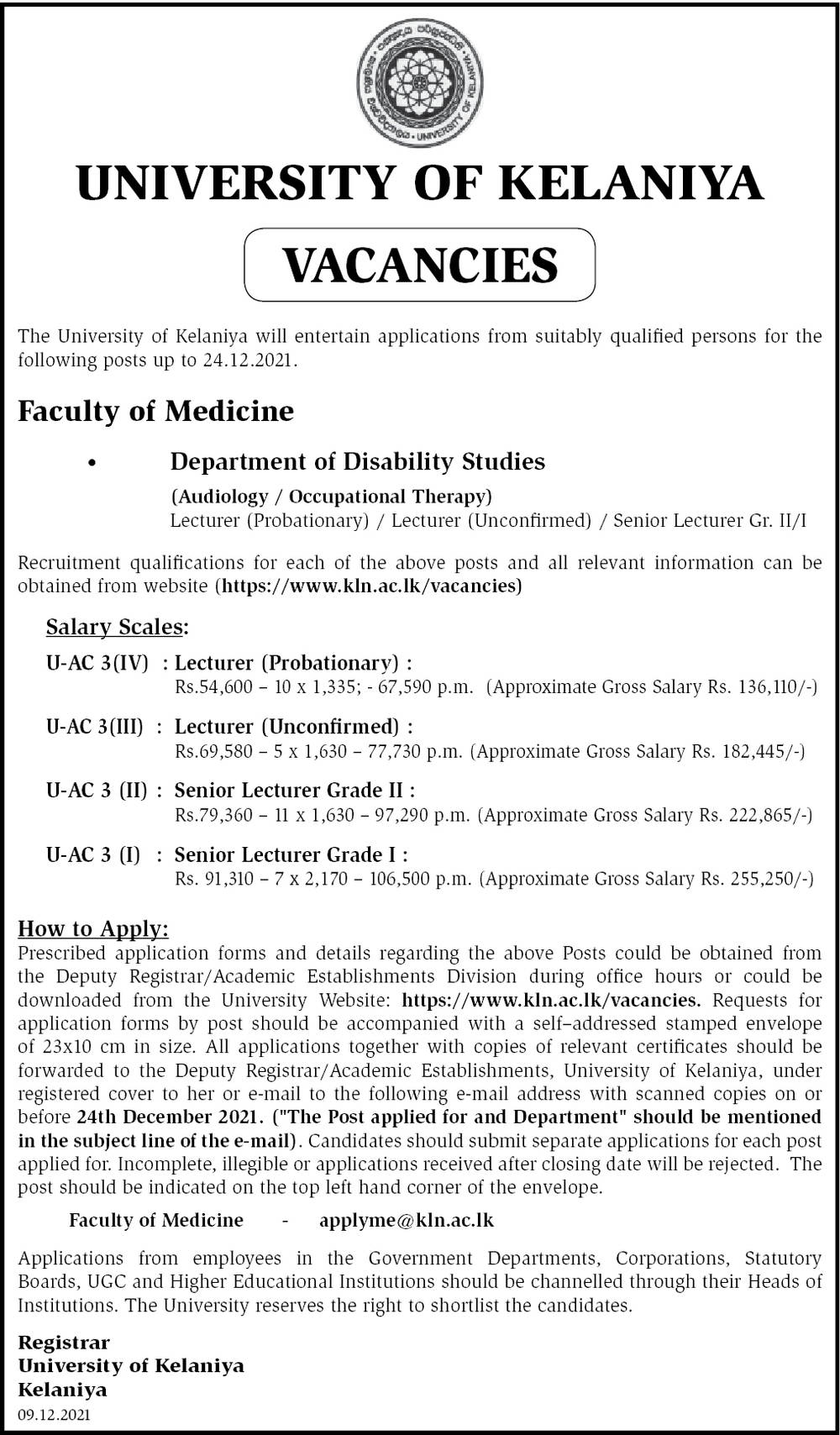 Lecturer, Senior Lecturer - University of Kelaniya