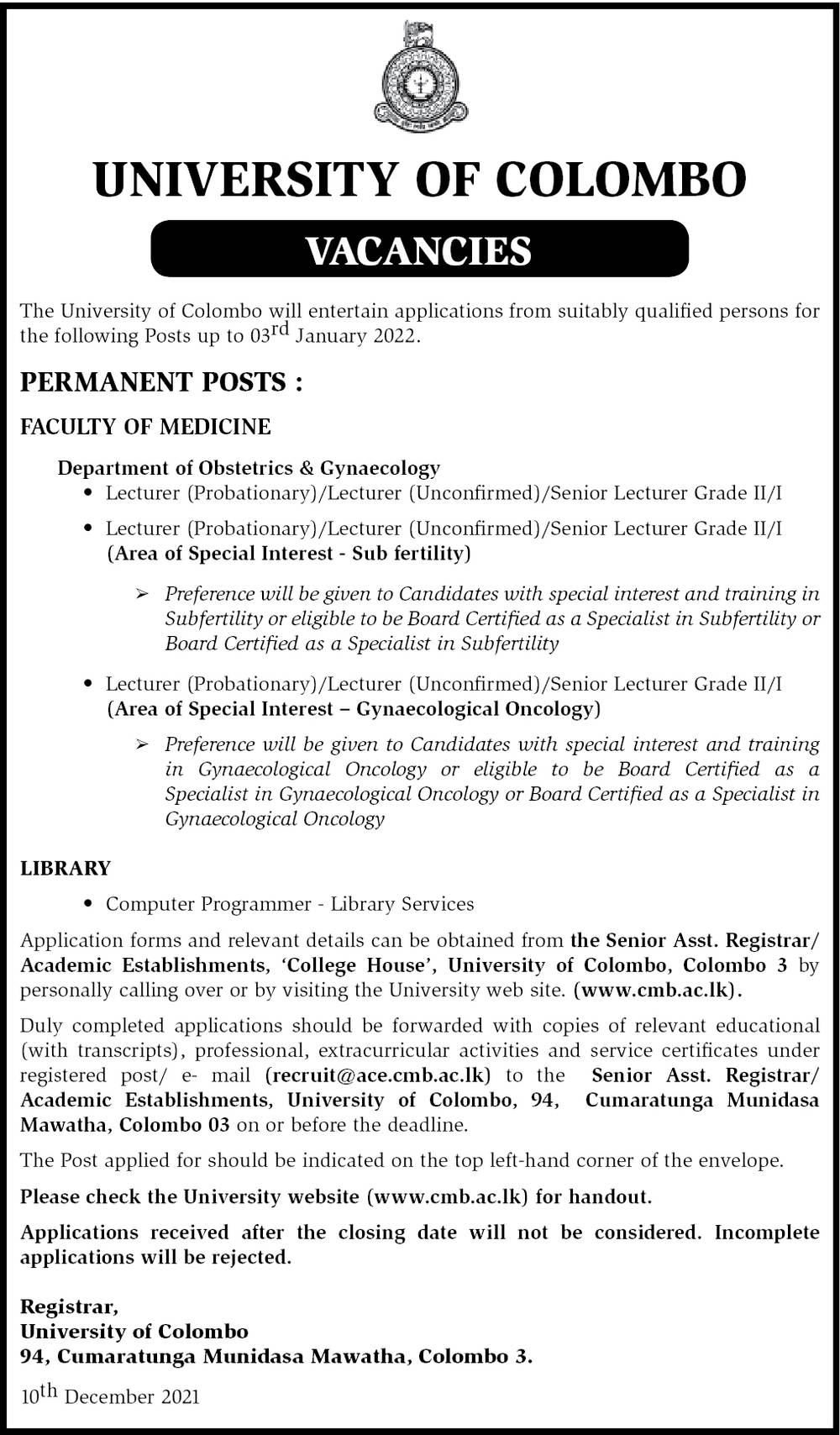 Lecturer, Senior Lecturer, Computer Programmer - University of Colombo