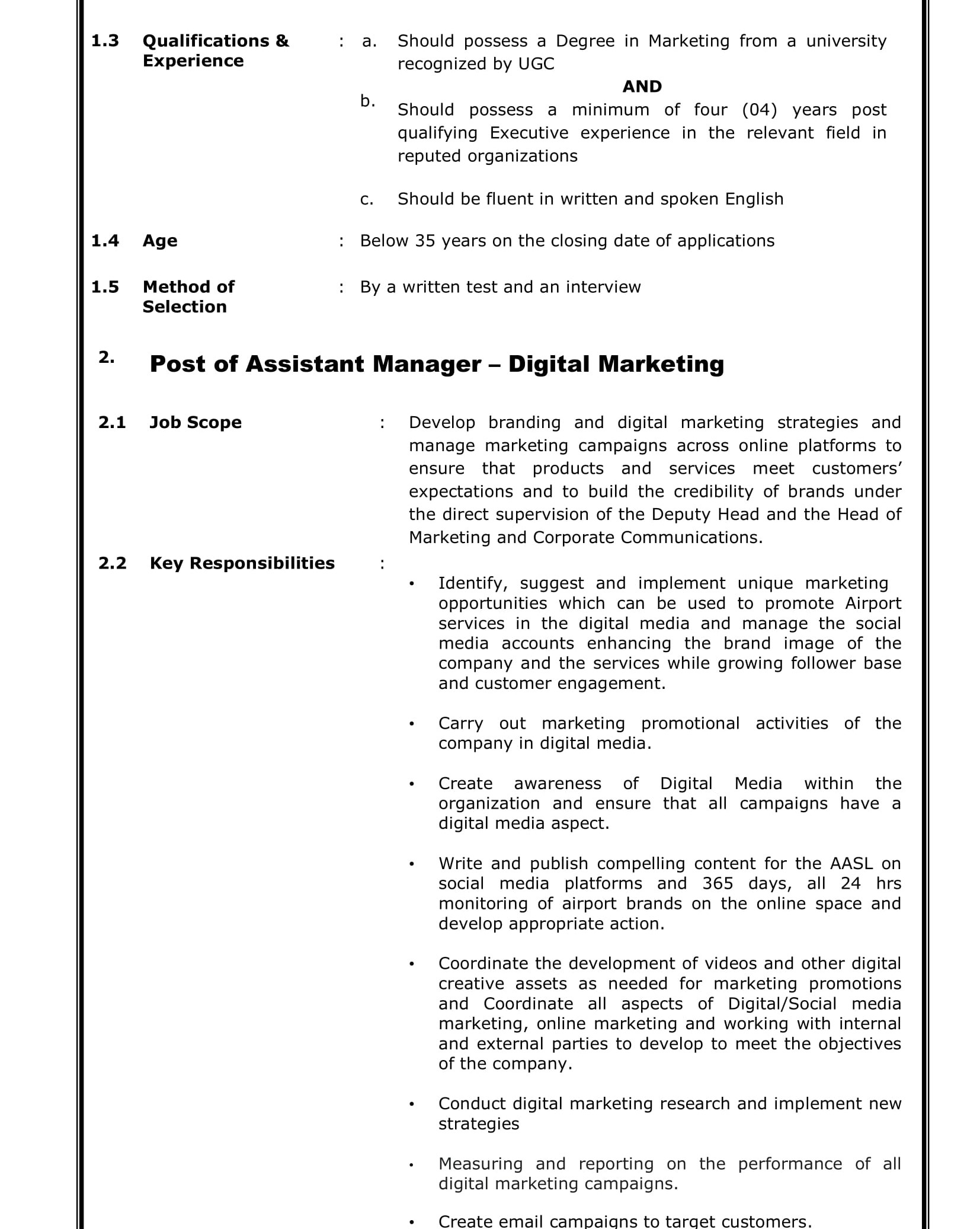 Assistant Manager (Business Development & Marketing, Digital Marketing) - Airport & Aviation Services (Sri Lanka) Limited