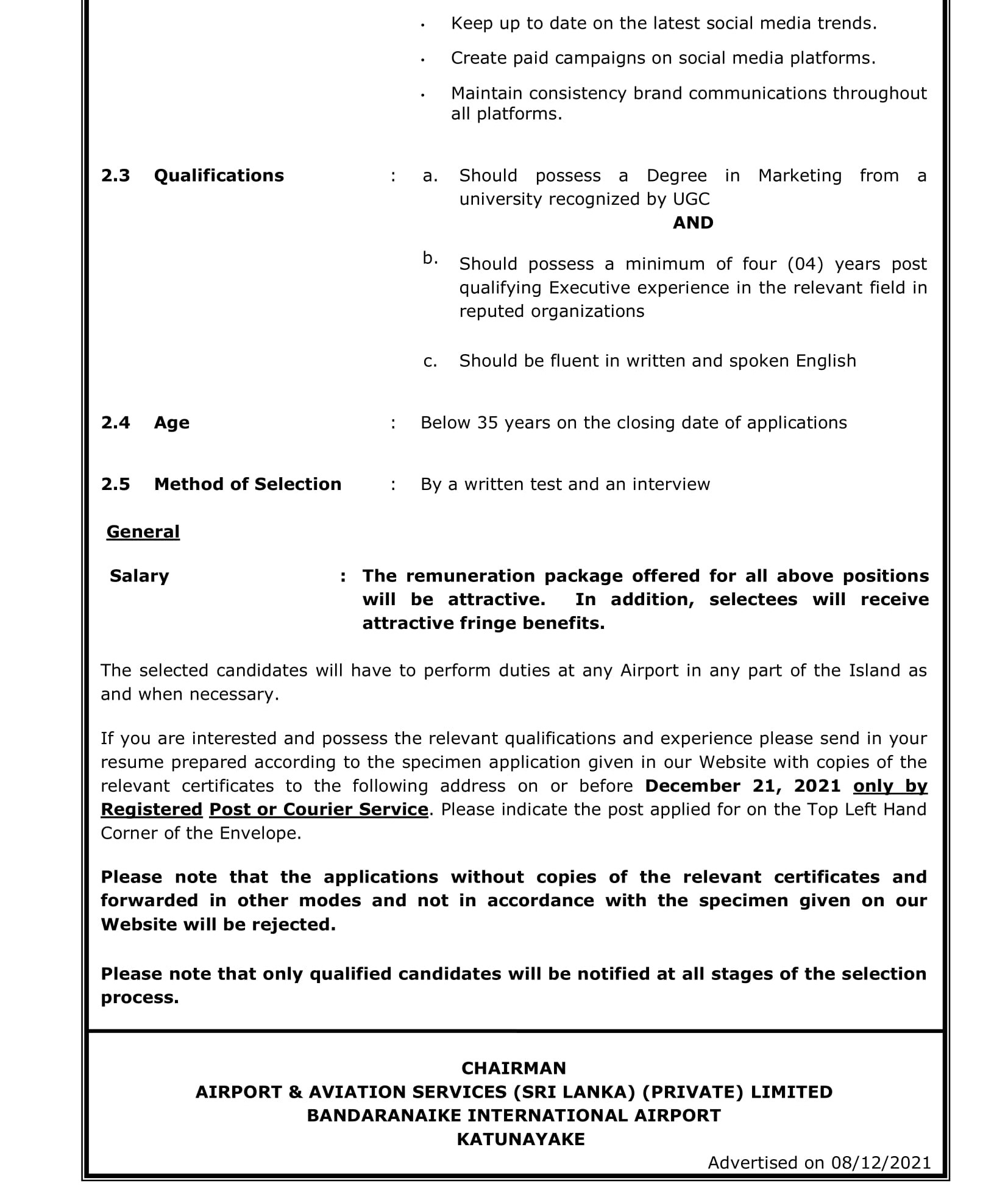 Assistant Manager (Business Development & Marketing, Digital Marketing) - Airport & Aviation Services (Sri Lanka) Limited