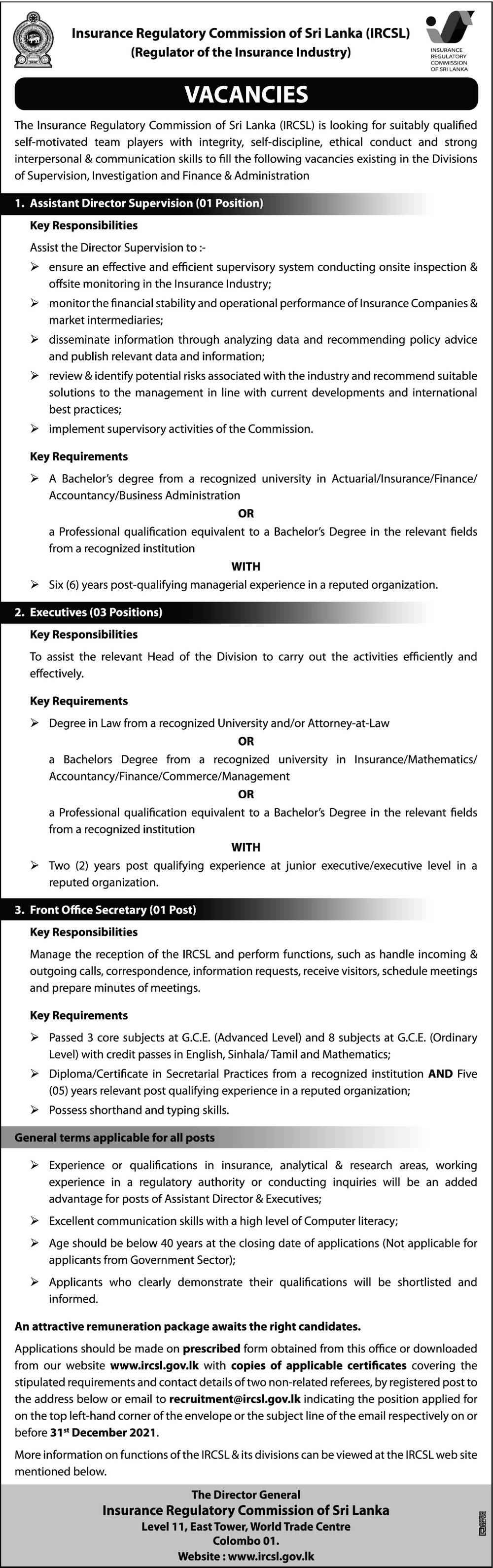 Assistant Director (Supervision), Executives, Front Office Secretary - Insurance Regulatory Commission of Sri Lanka