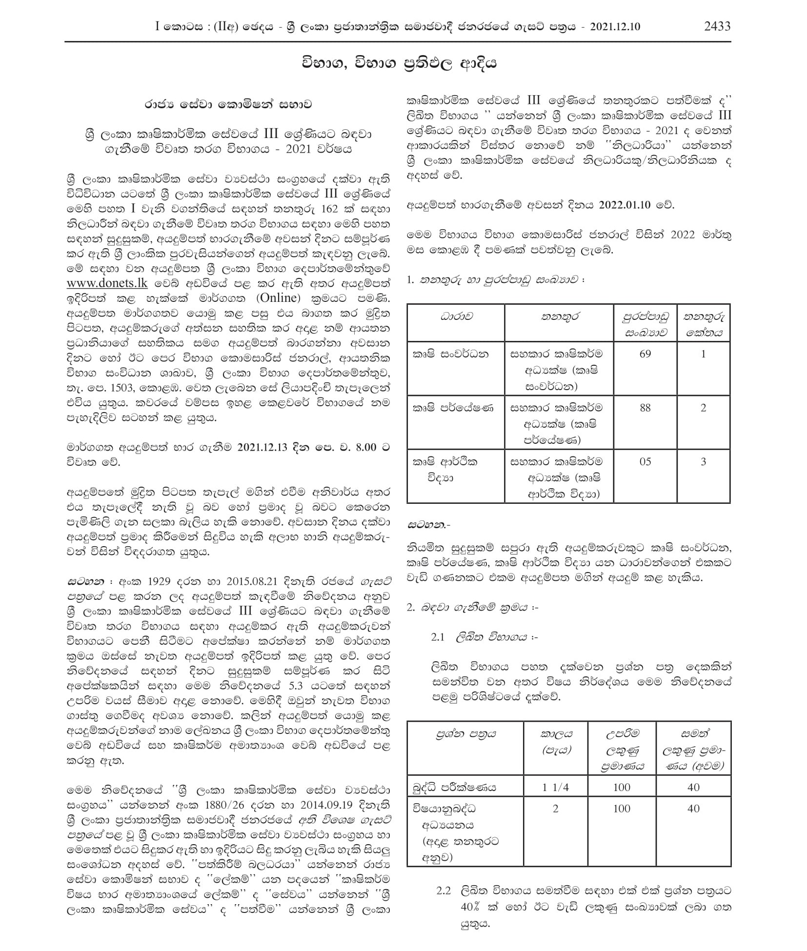 Open Competitive Exam for Recruitment to Grade III of Sri Lanka Agricultural Service - 2021