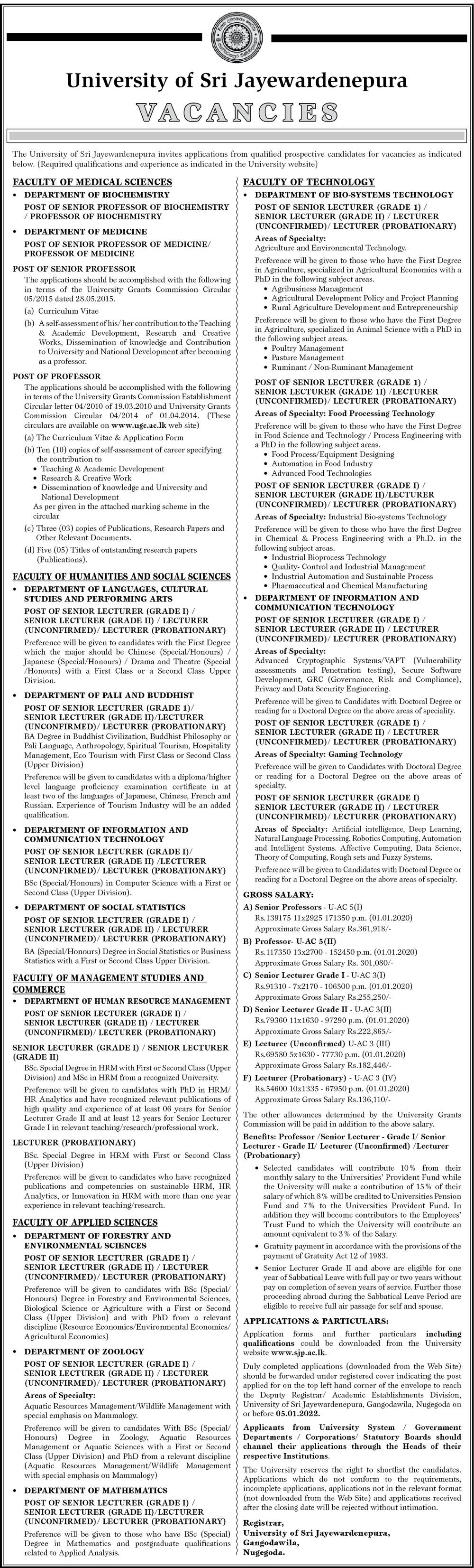 Senior Professor, Professor, Senior Lecturer, Lecturer - University of Sri Jayewardenepura