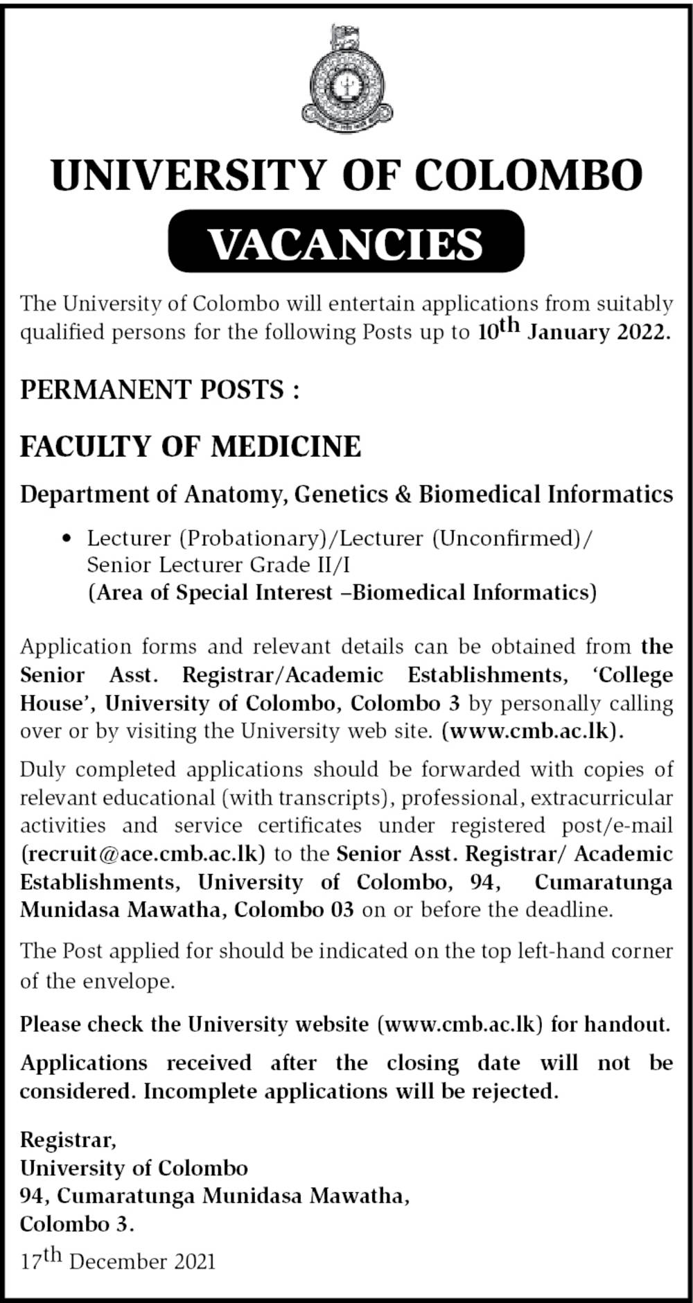 Lecturer, Senior Lecturer - University of Colombo