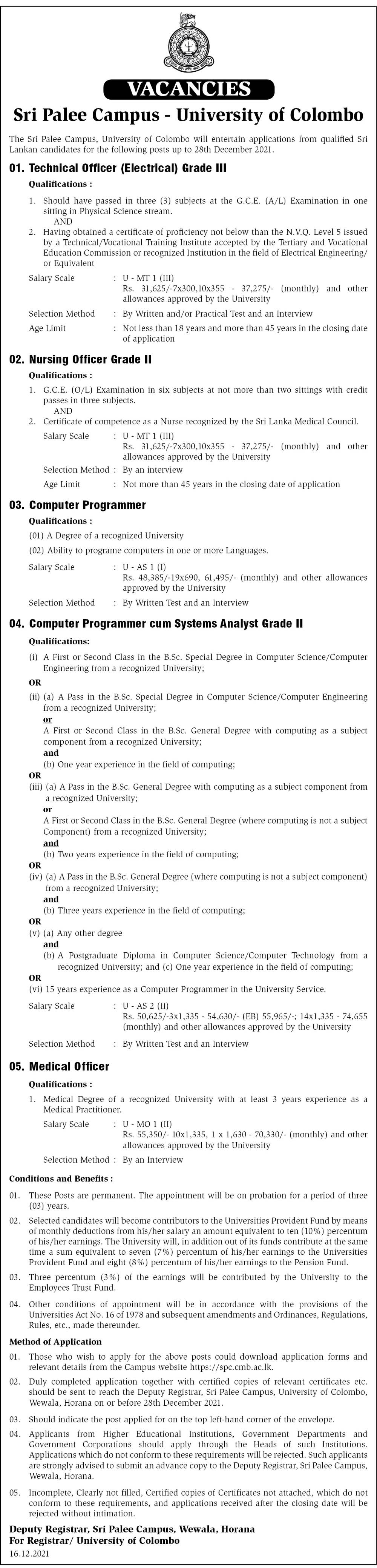 Technical Officer (Electrical), Nursing Officer, Computer Programmer, Programmer/Systems Analyst, Medical Officer - Sri Palee Campus - University of Colombo