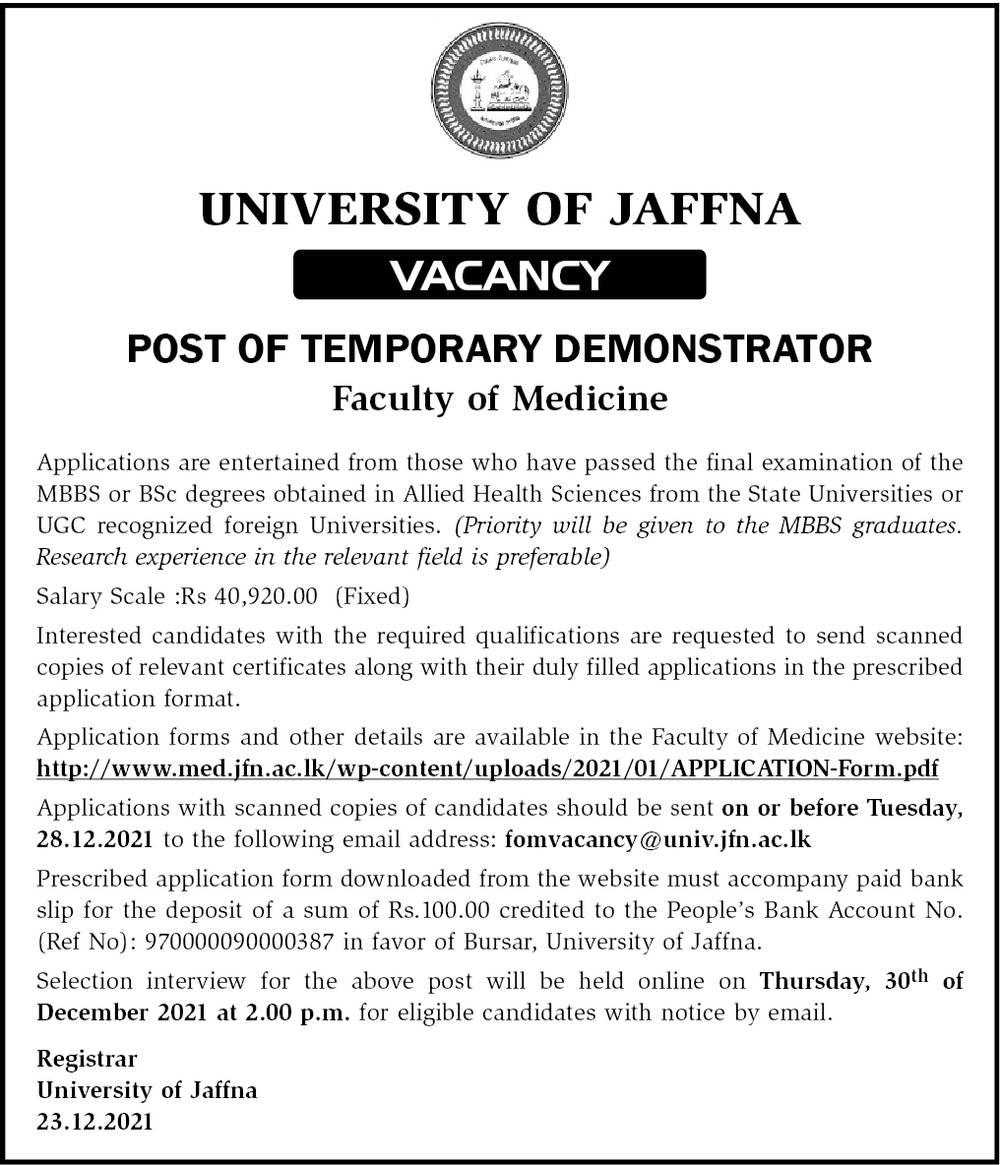 Demonstrator - University of Jaffna