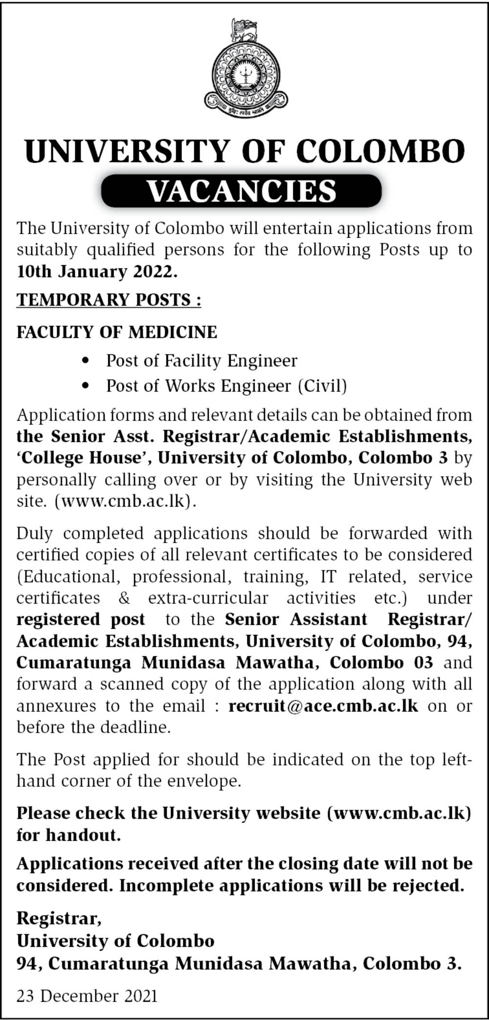 Facility Engineer, Works Engineer (Civil) - University of Colombo