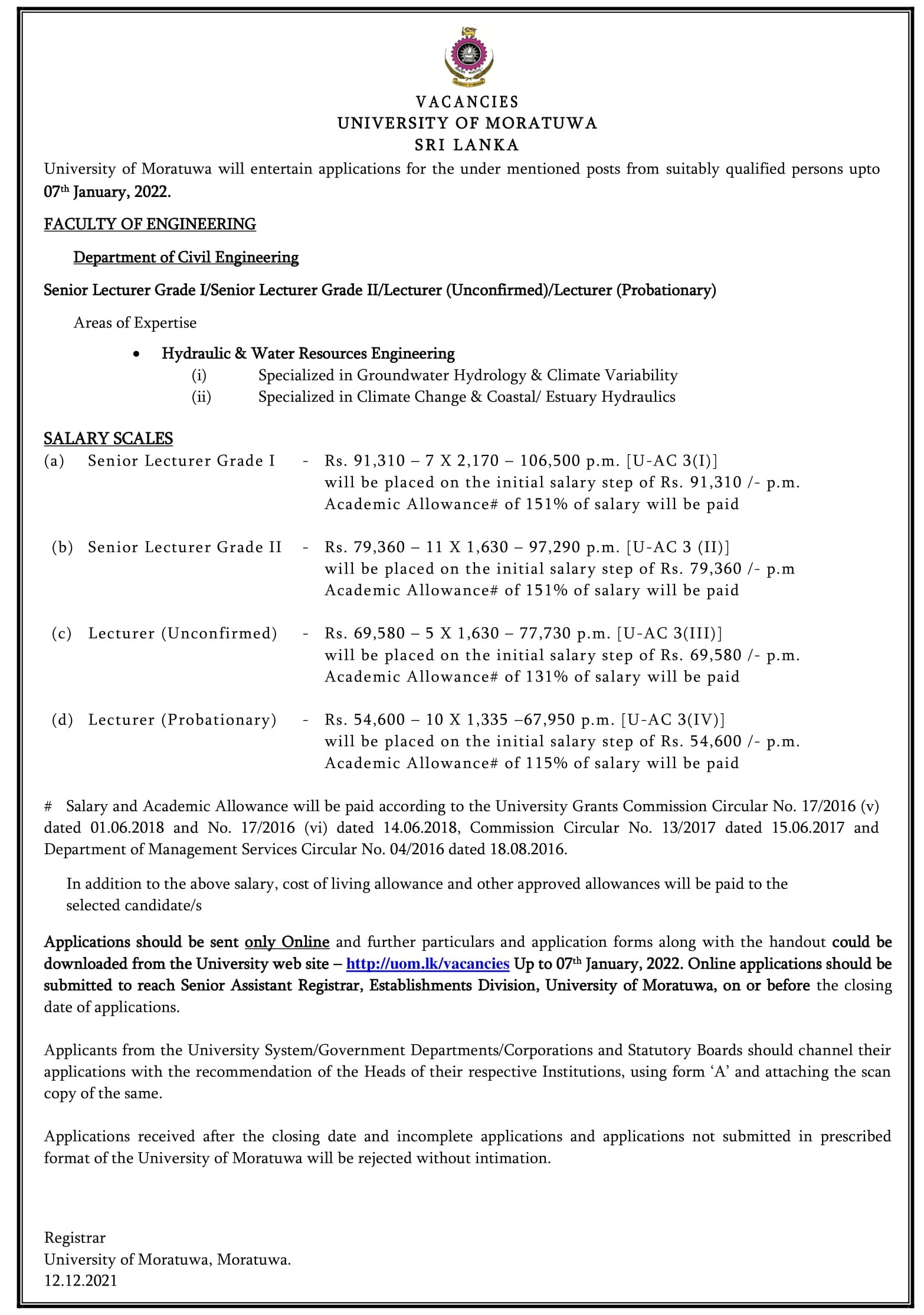 Senior Lecturer, Lecturer - University of Moratuwa