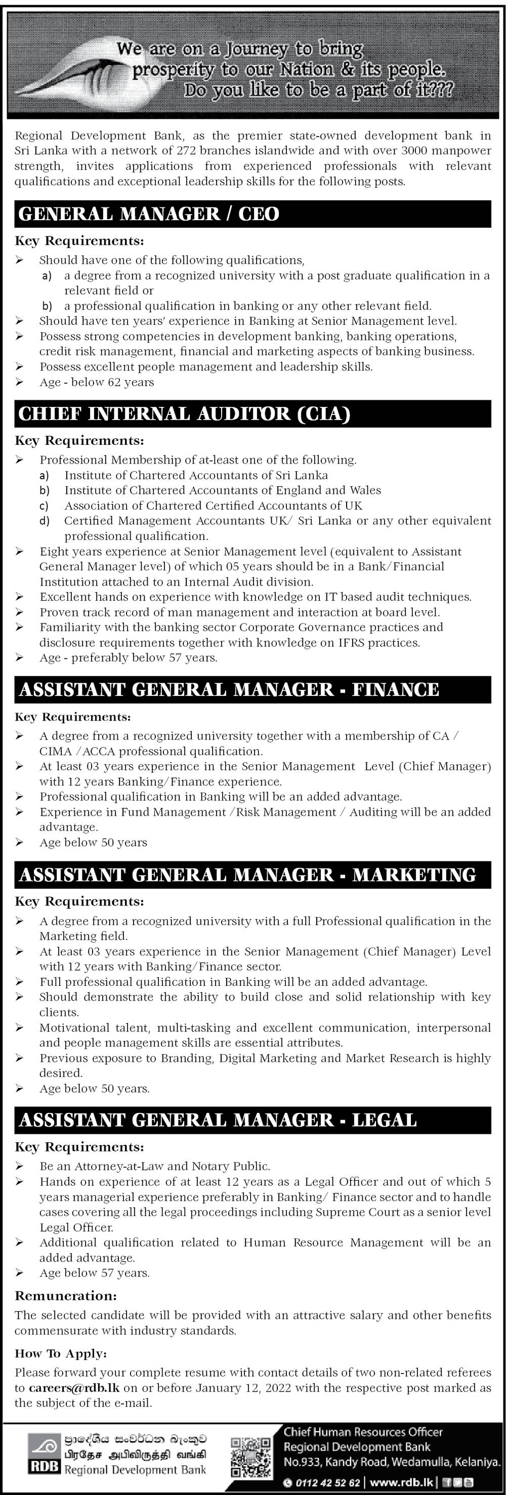 General Manager/CEO, Chief Internal Auditor (CIA), Assistant General Manager (Finance, Marketing, Legal) - Regional Development Bank