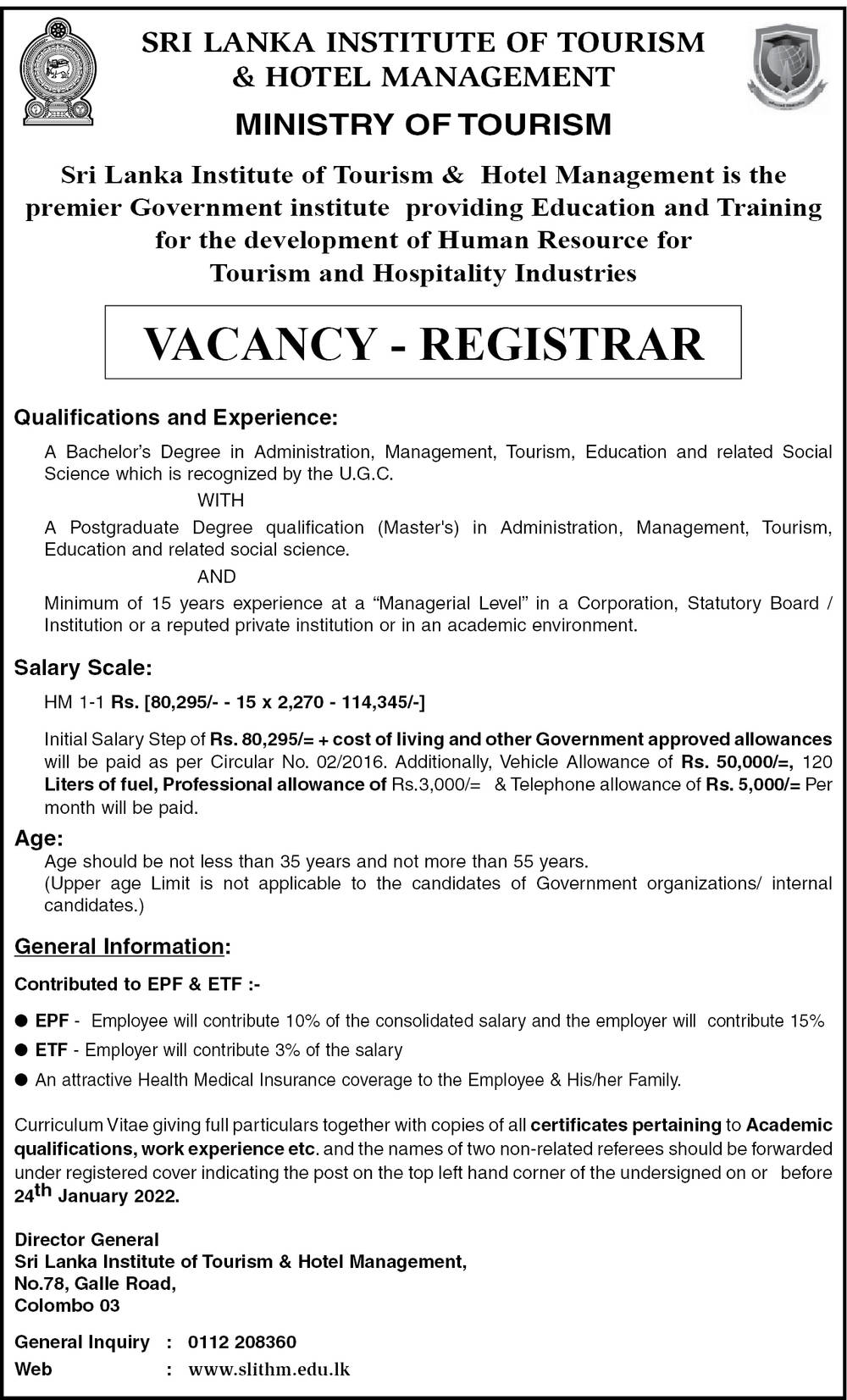 Registrar - Sri Lanka Institute of Tourism & Hotel Management