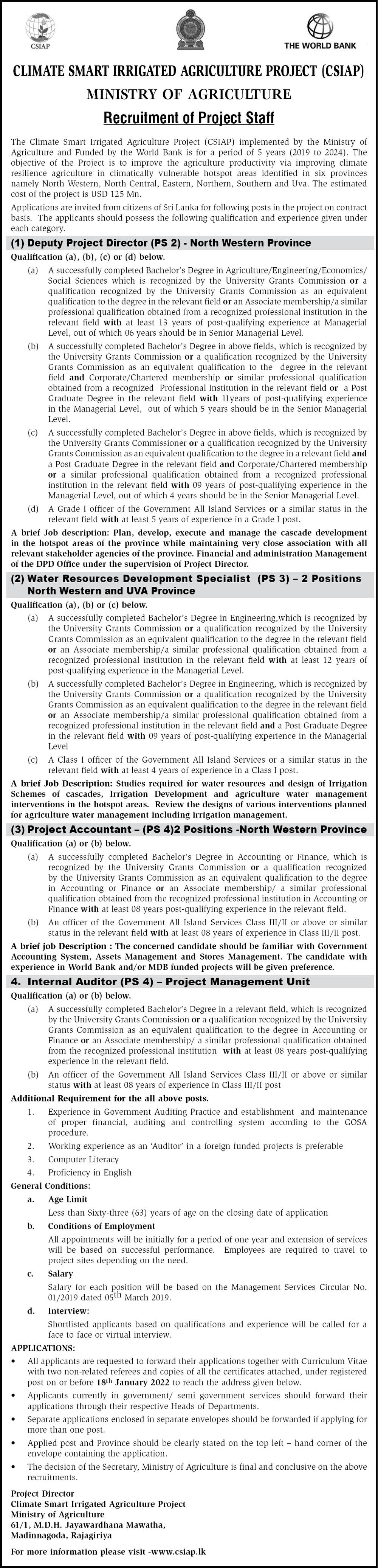 Project Accountant, Internal Auditor, Deputy Project Director, Water Resources Development Specialist - Ministry of Agriculture