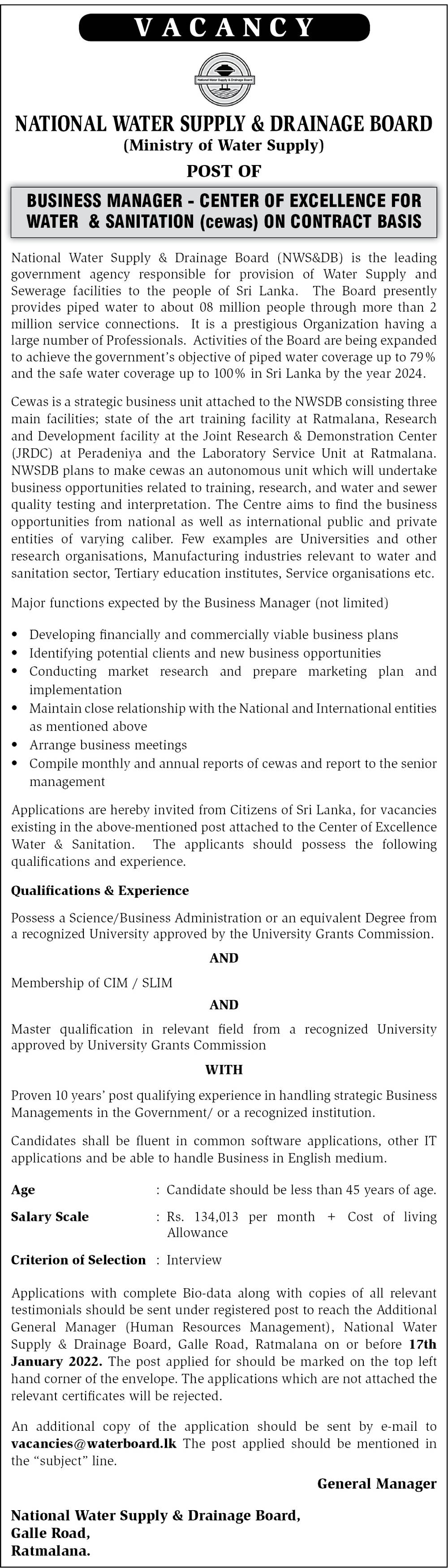 Business Manager - National Water Supply & Drainage Board