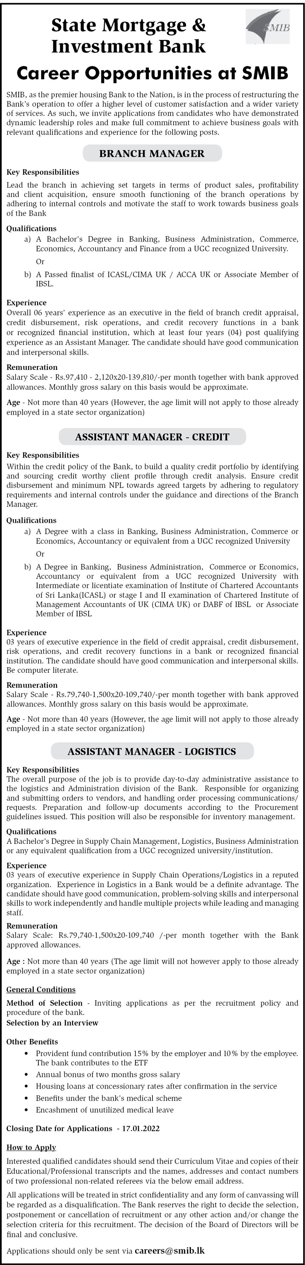 Branch Manager, Assistant Manager (Credit, Logistics) - State Mortgage & Investment Bank