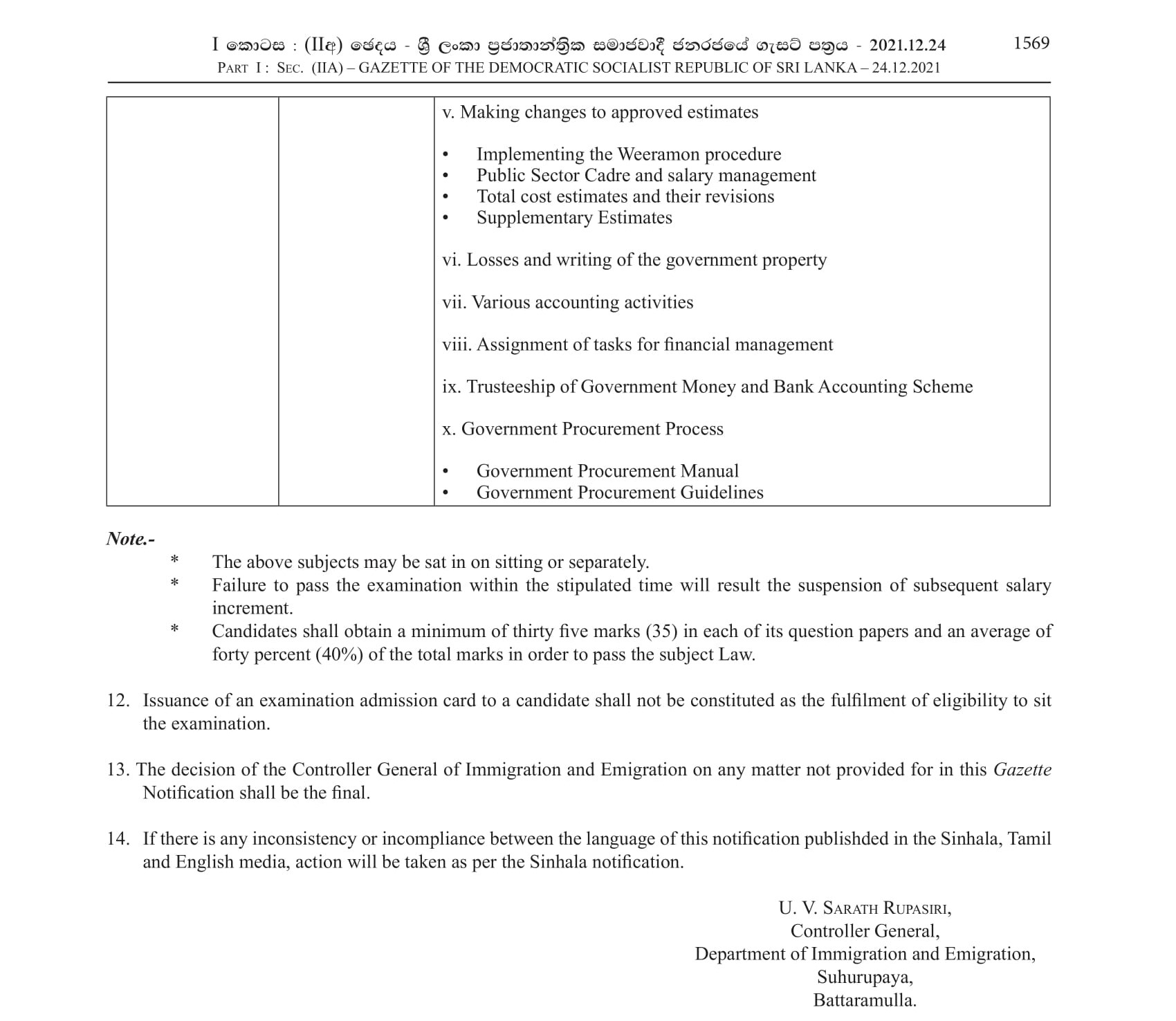 Efficiency bar Examination for the Assistant Controller (Departmental) officers of Executive Service Category of the Department of Immigration & Emigration - 2018 (2021)