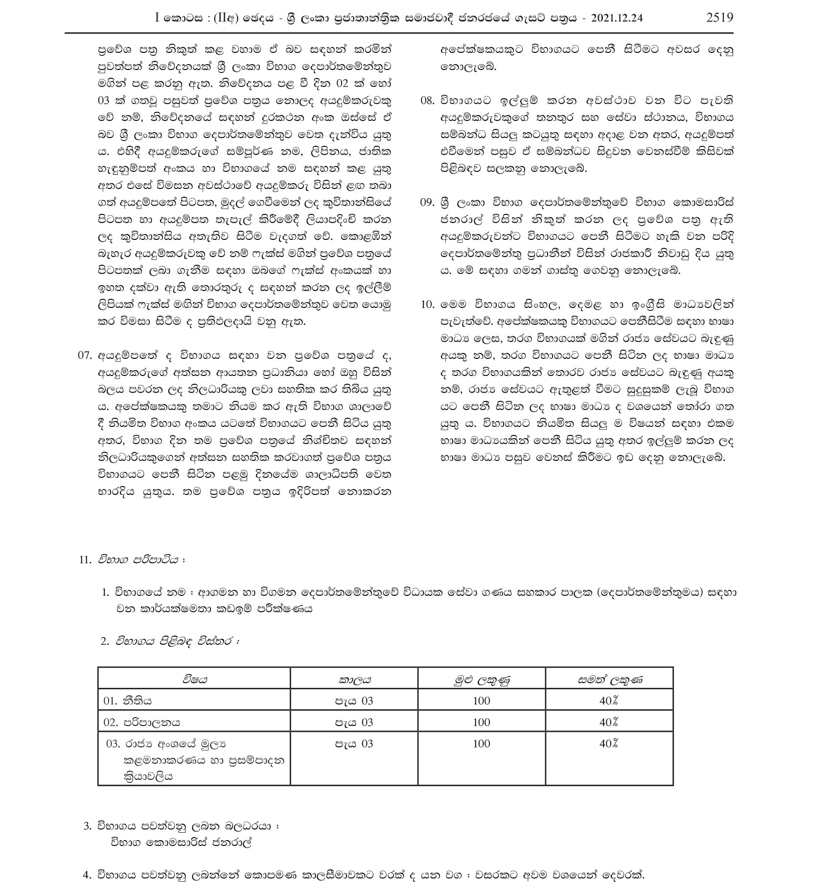 Efficiency bar Examination for the Assistant Controller (Departmental) officers of Executive Service Category of the Department of Immigration & Emigration - 2018 (2021)