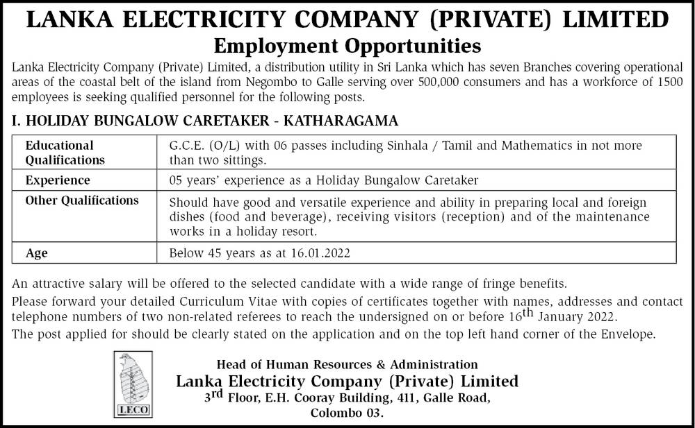 Holiday Bungalow Caretaker - Lanka Electricity Company (Private) Limited