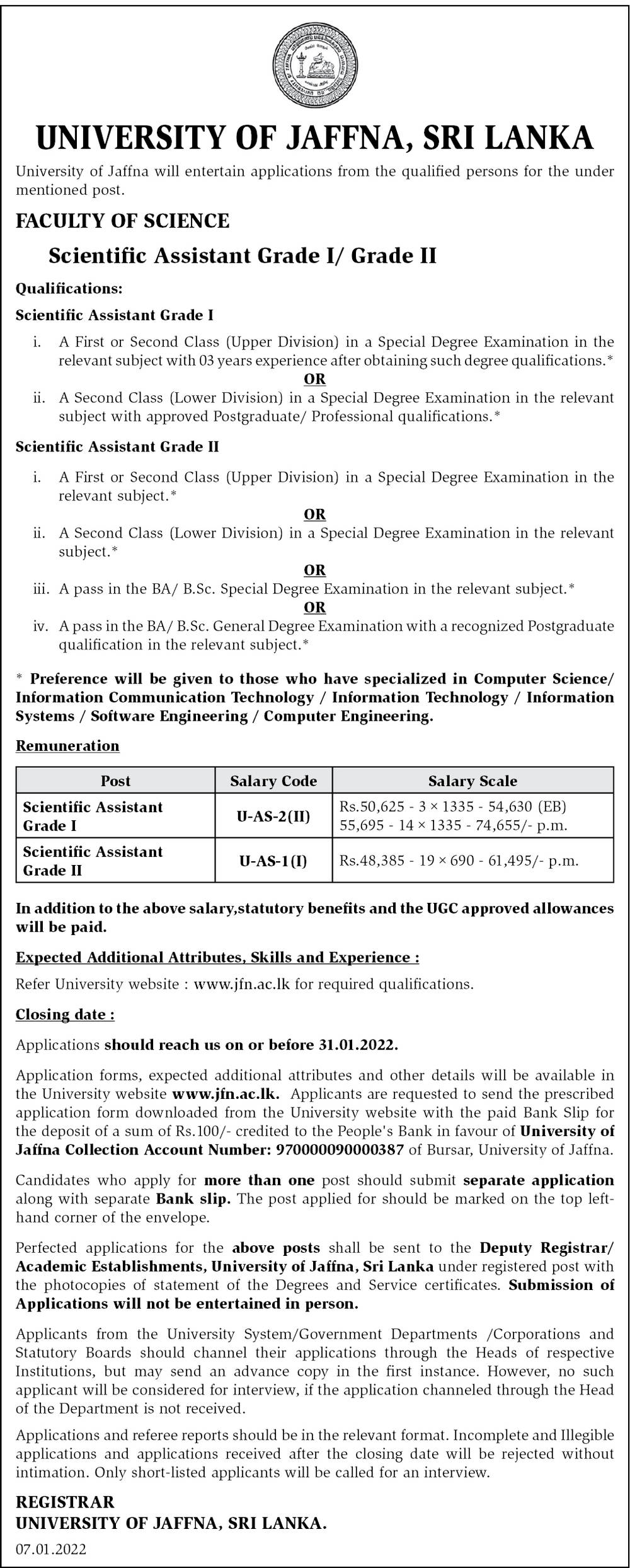 Scientific Assistant - University of Jaffna