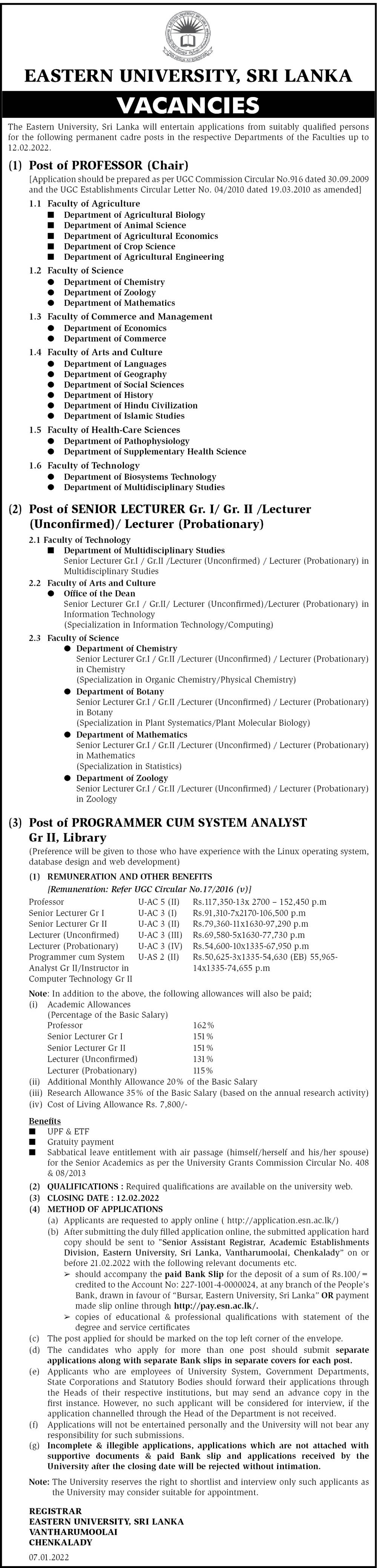 Professor, Senior Lecturer, Lecturer, Programmer/System Analyst - Eastern University, Sri Lanka