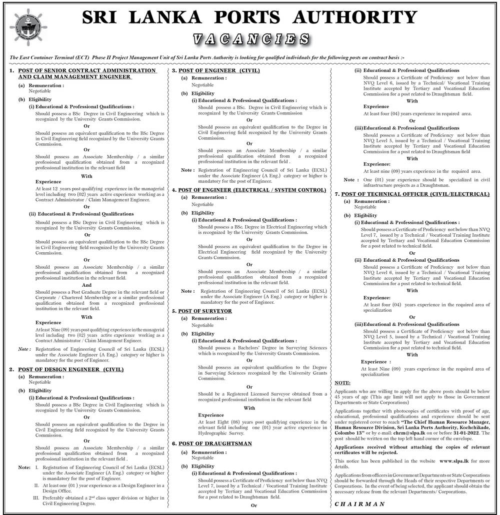 Technical Officer (Civil/Electrical), Draughtsman, Surveyor, Engineer (Civil, Electrical/System Control), Design Engineer (Civil), Senior Contract Administration & Claim Management Engineer - Sri Lanka Ports Authority