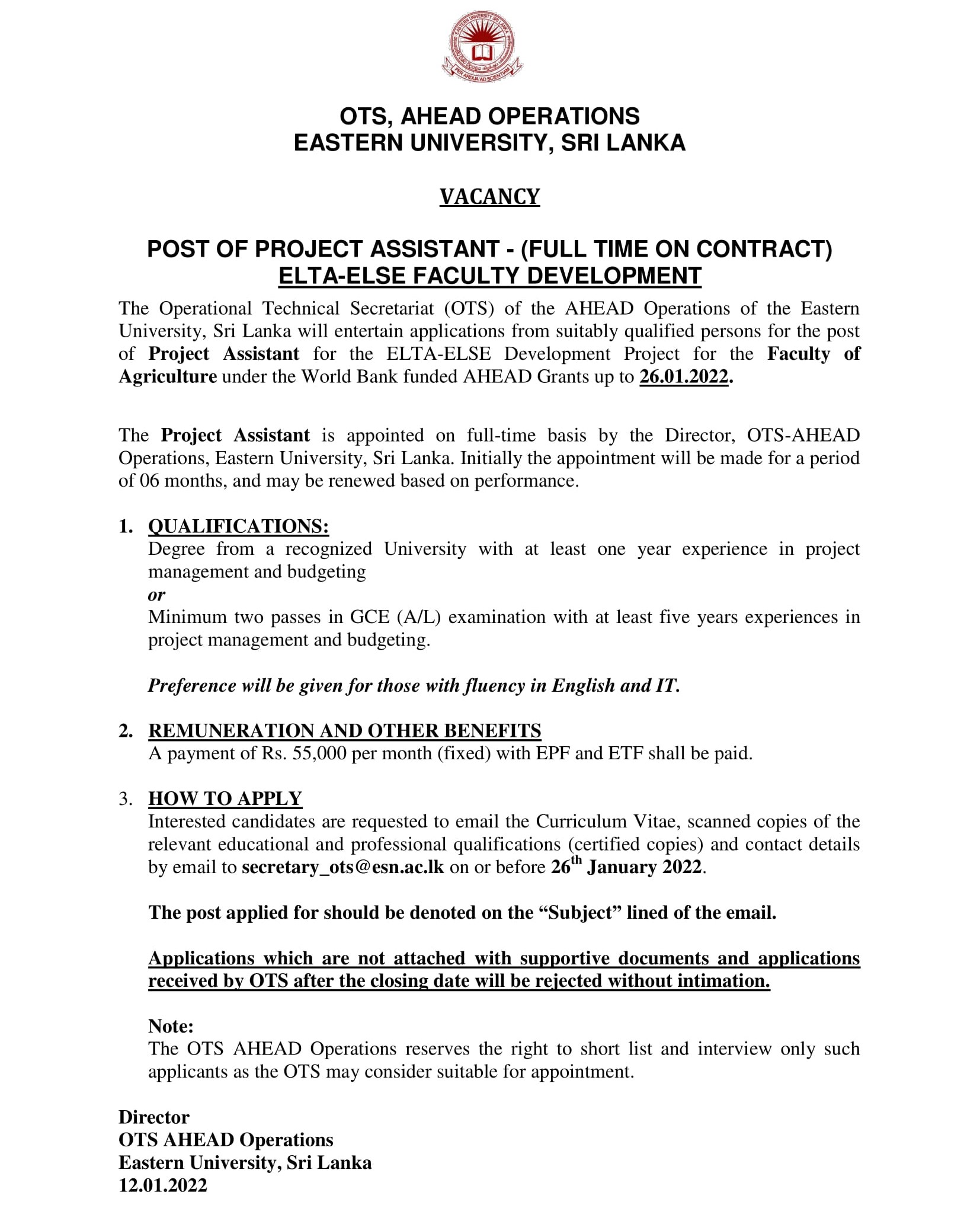 Project Assistant - Eastern University, Sri Lanka 