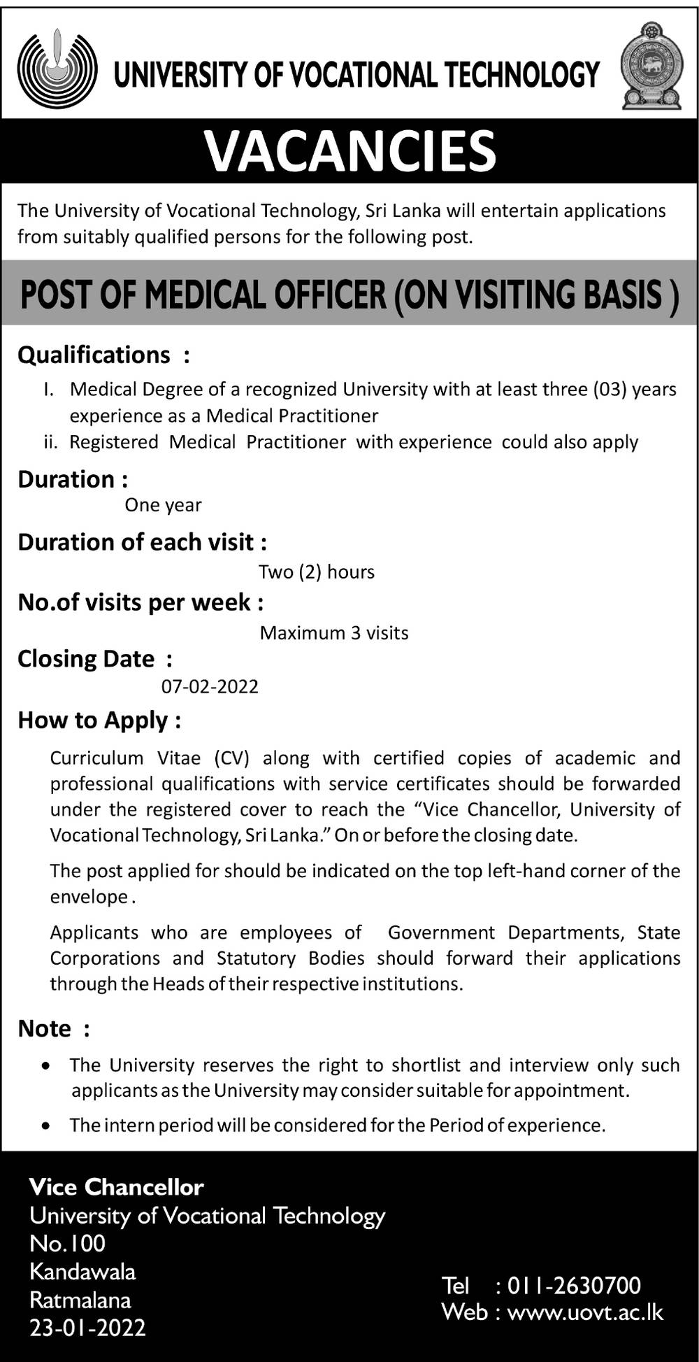 Medical Officer - University of Vocational Technology