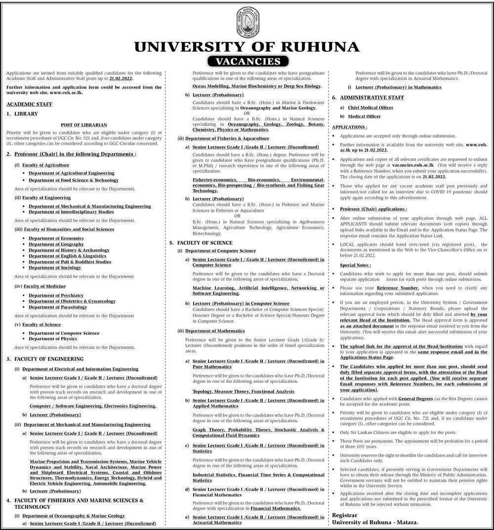 Librarian, Professor, Senior Lecturer, Lecturer, Medical Officer - University of Ruhuna