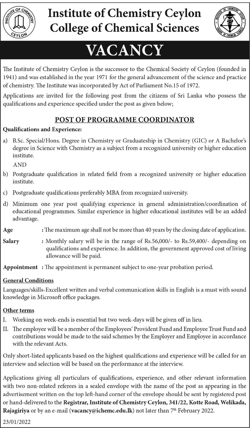 Programme Coordinator - Institute of Chemistry Ceylon