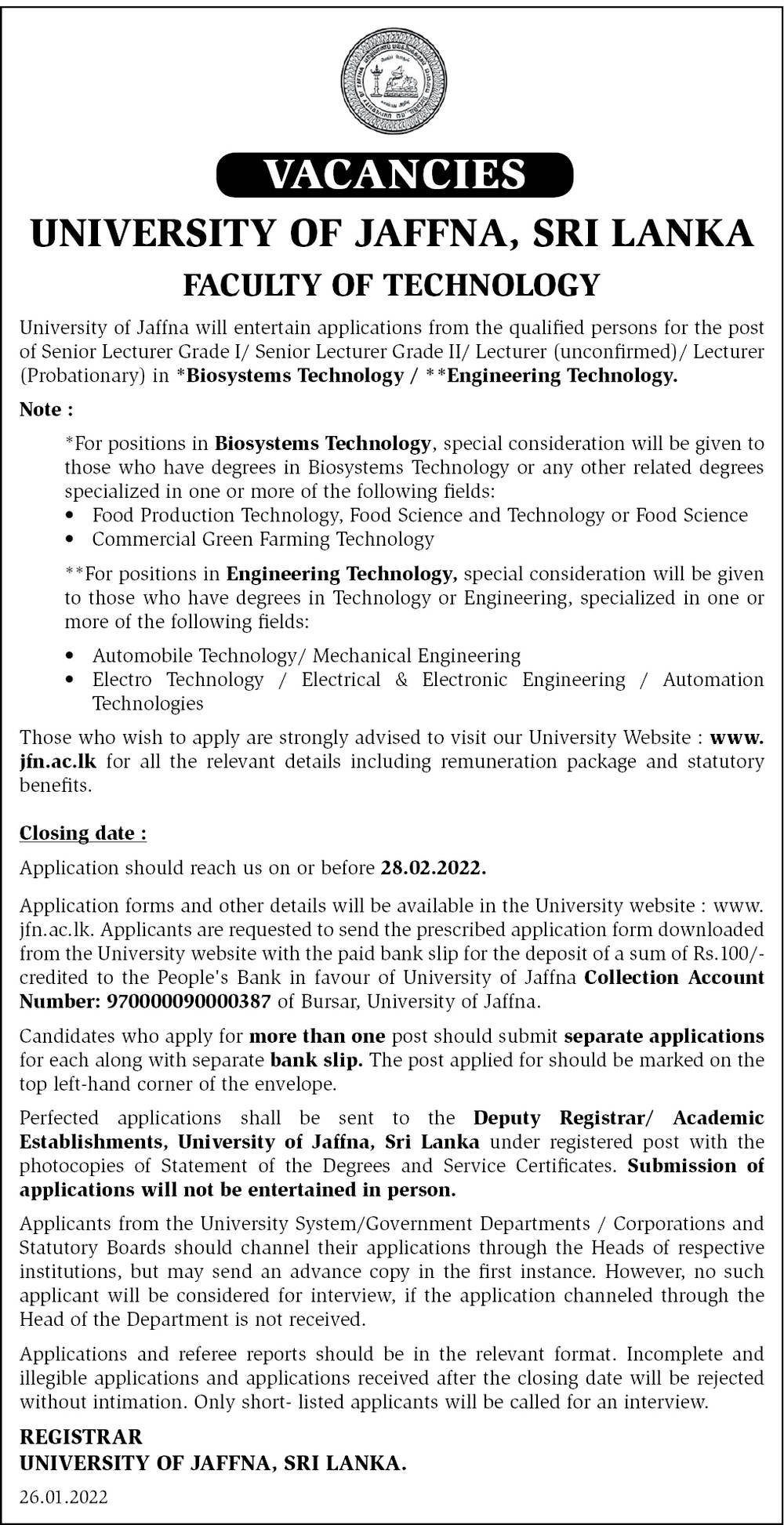 Senior Lecturer, Lecturer - University of Jaffna