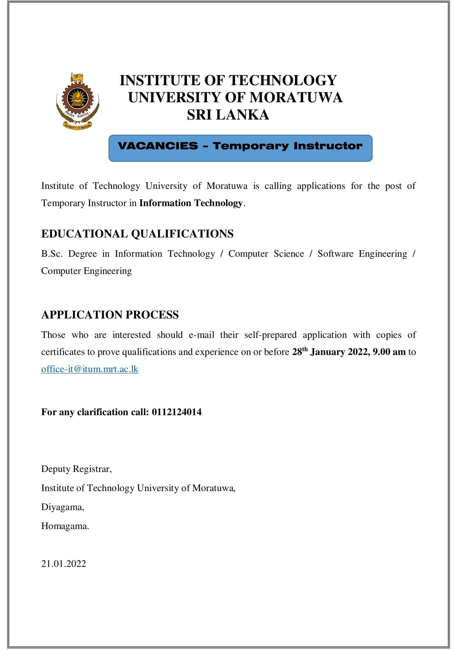 Instructor - Institute of Technology - University of Moratuwa