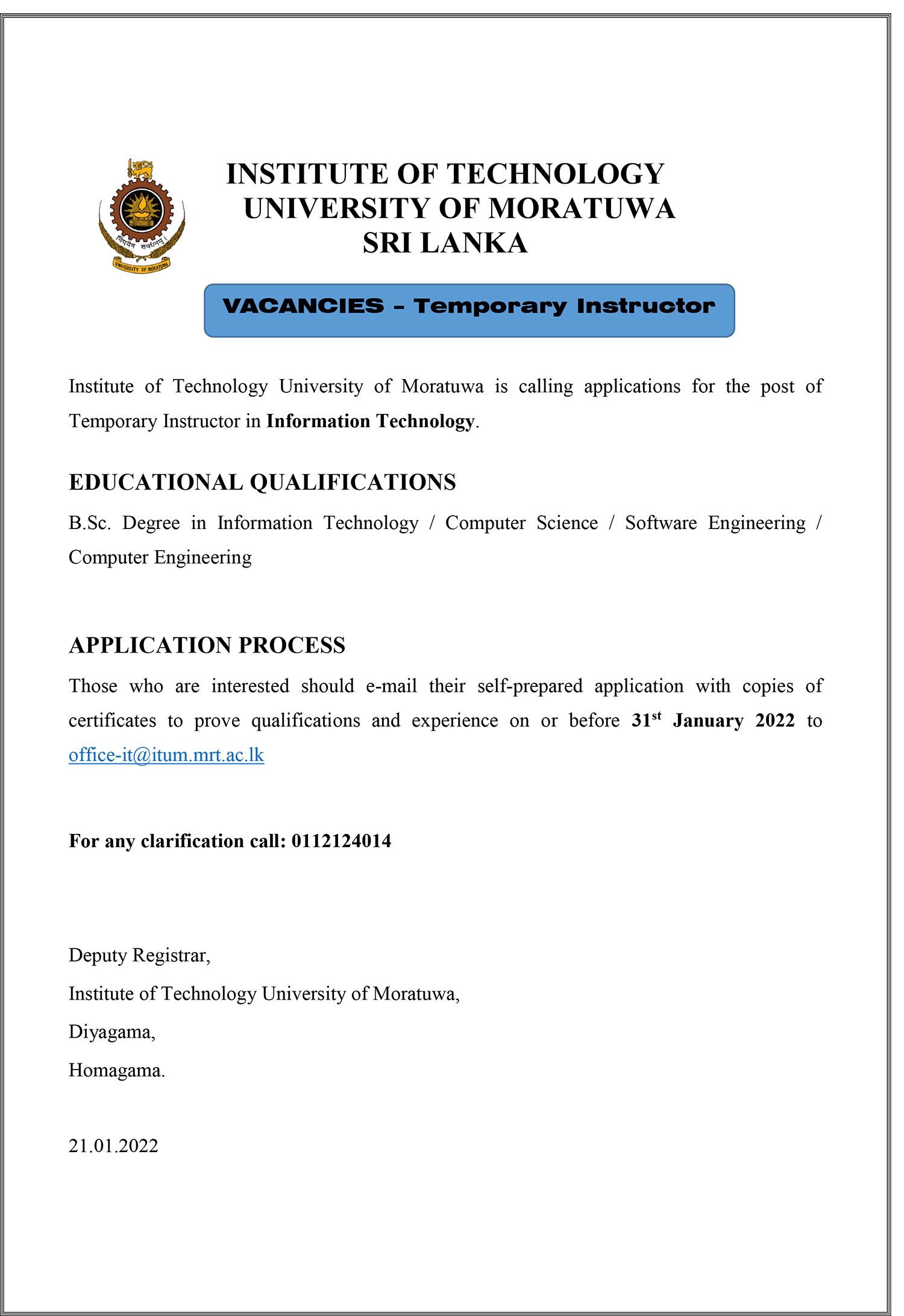 Temporary Instructor (IT) - Institute of Technology - University of Moratuwa