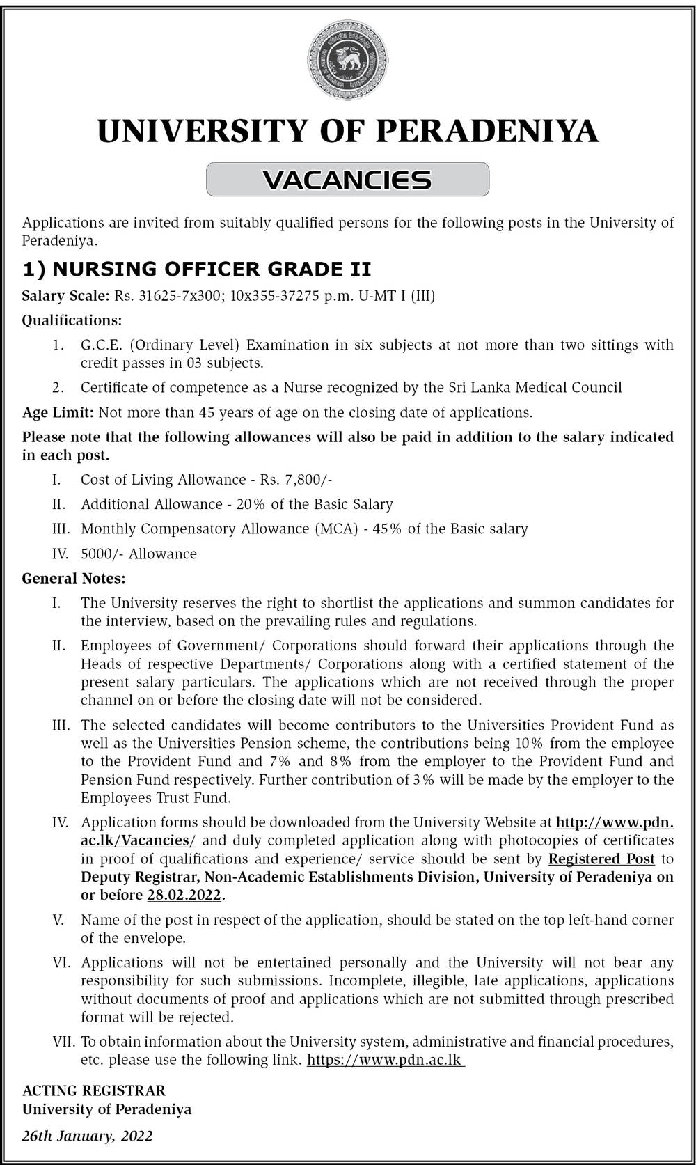 Nursing Officer - University of Peradeniya