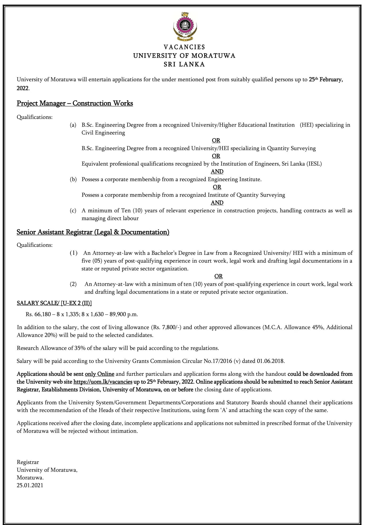 Project Manager (Construction works), Senior Assistant Registrar (Legal & Documentation) - University of Moratuwa