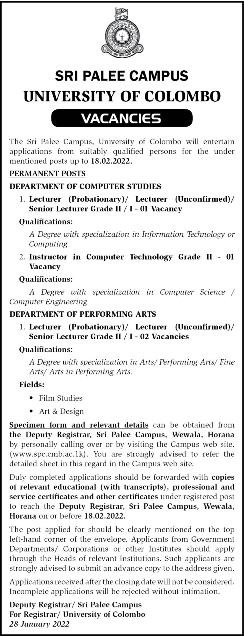 Lecturer, Senior Lecturer, Instructor - Sri Palee Campus - University of Colombo