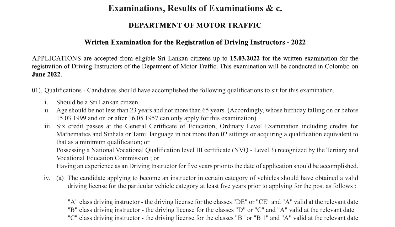 Written Examination for the Registration of Driving Instructors (2022) - Department of Motor Traffic