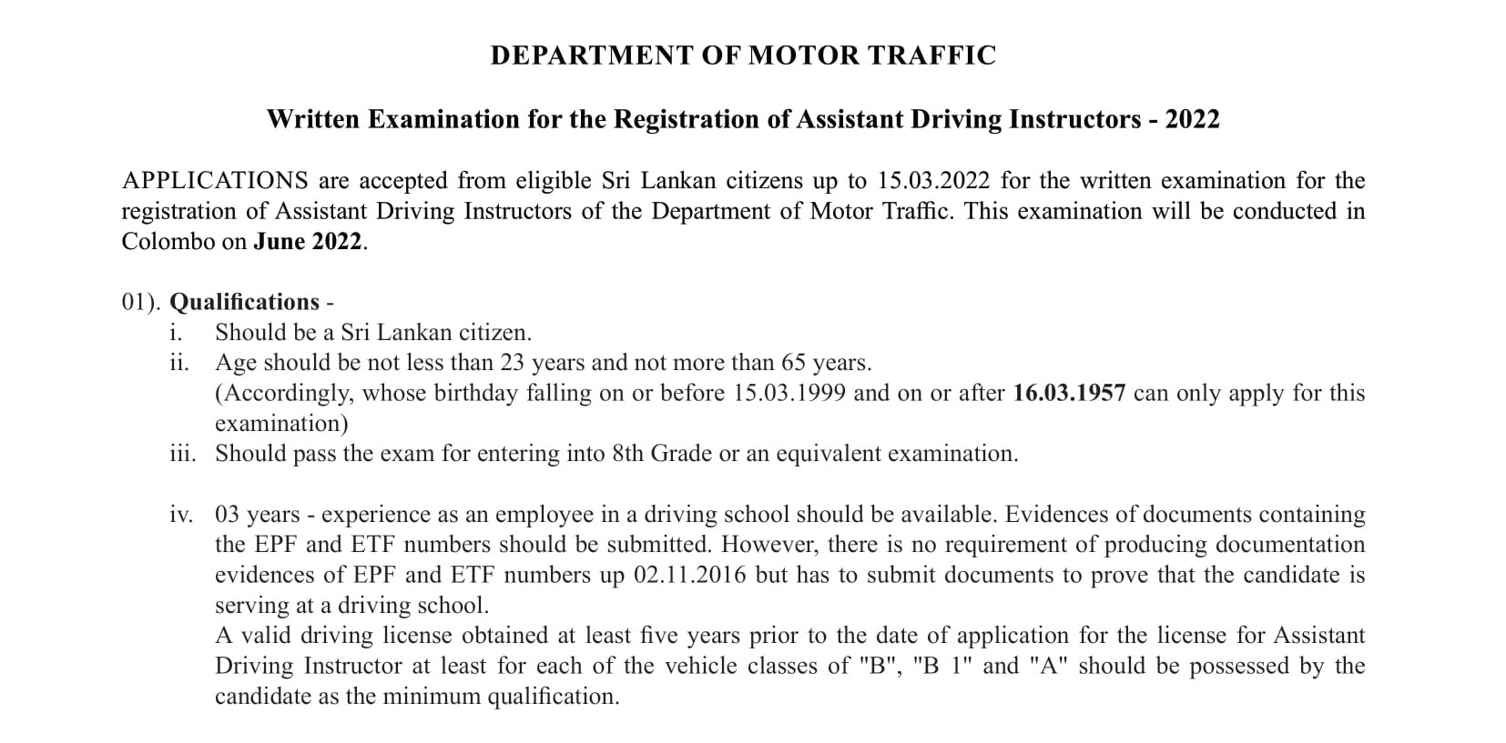 Written Examination for the Registration of Assistant Driving Instructors (2022) - Department of Motor Traffic