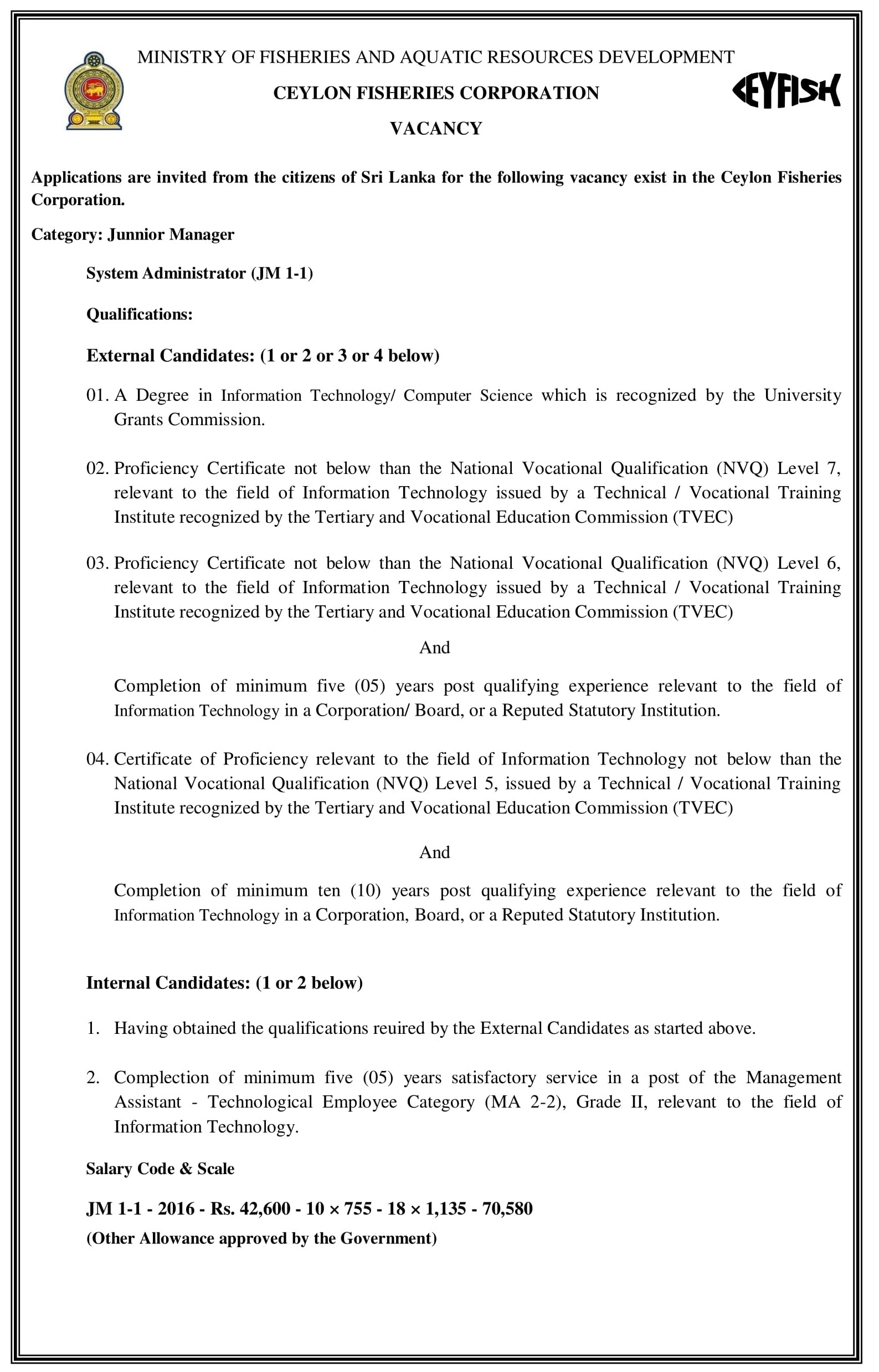 Deputy General Manager (Engineering), System Administrator - Ceylon Fisheries Corporation