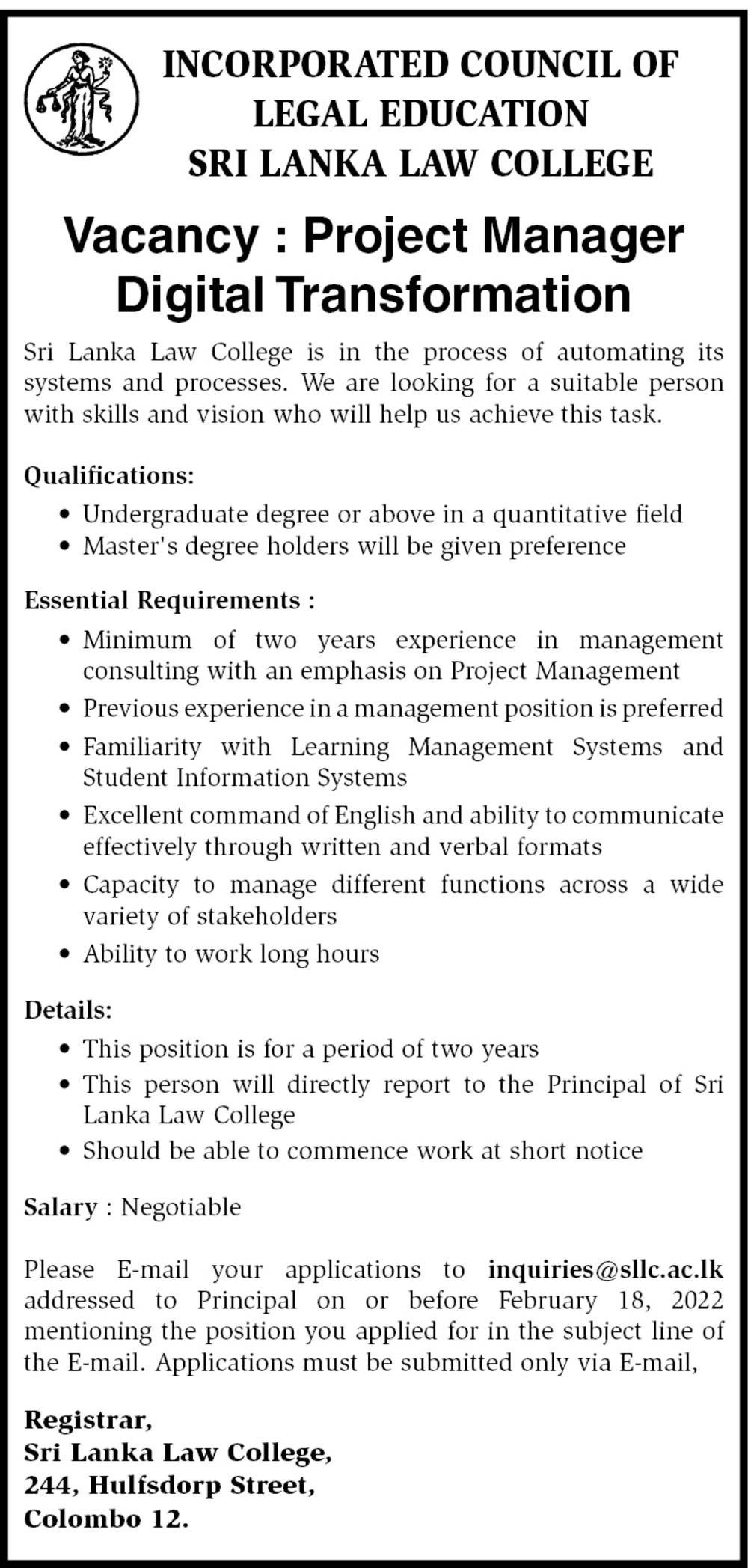 Project Manager - Sri Lanka Law College