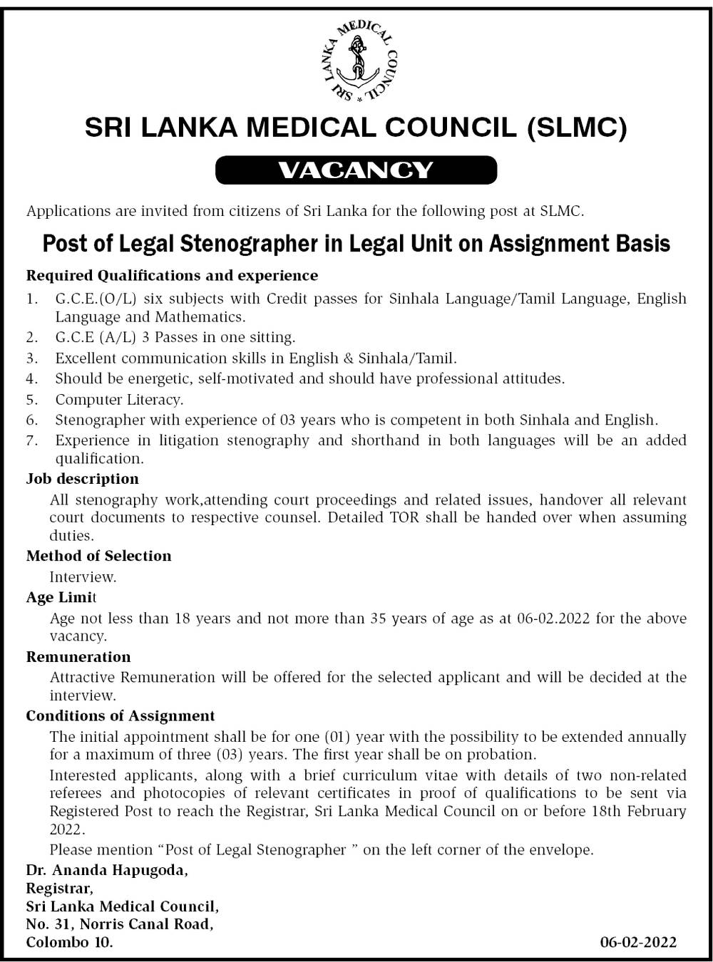 Legal Stenographer, Receptionist, Office Assistant - Sri Lanka Medical Council