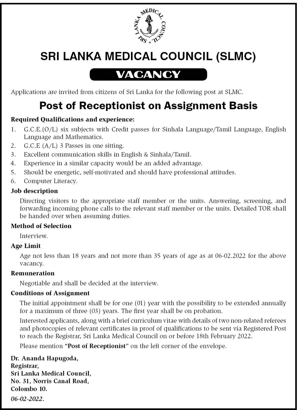 Legal Stenographer, Receptionist, Office Assistant - Sri Lanka Medical Council