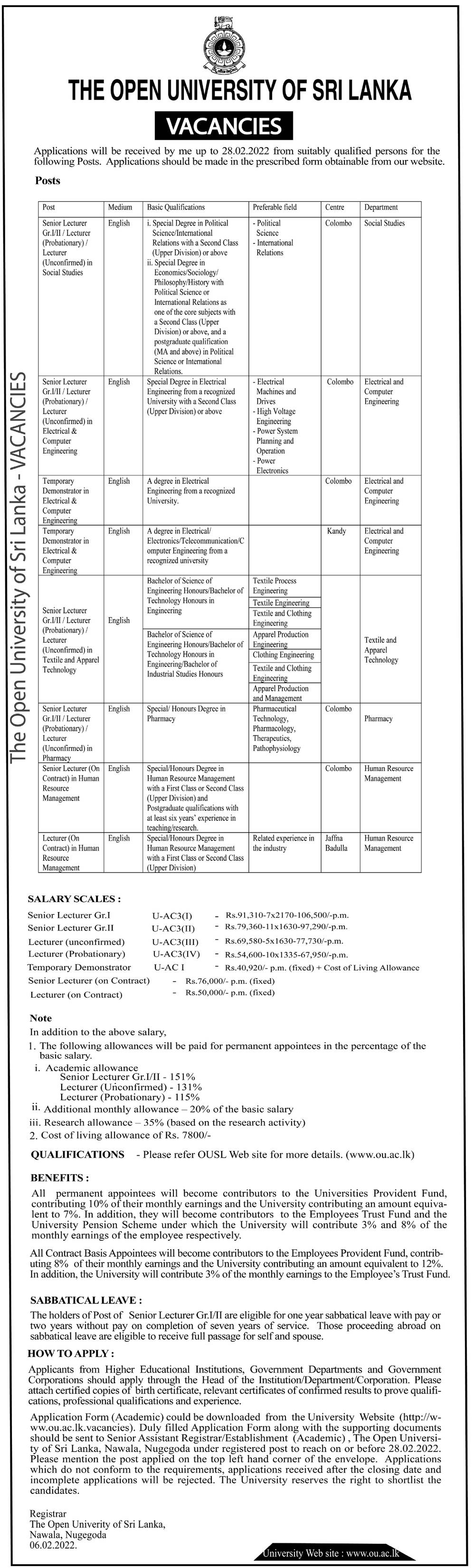 Senior Lecturer, Lecturer, Demonstrator - The Open University of Sri Lanka