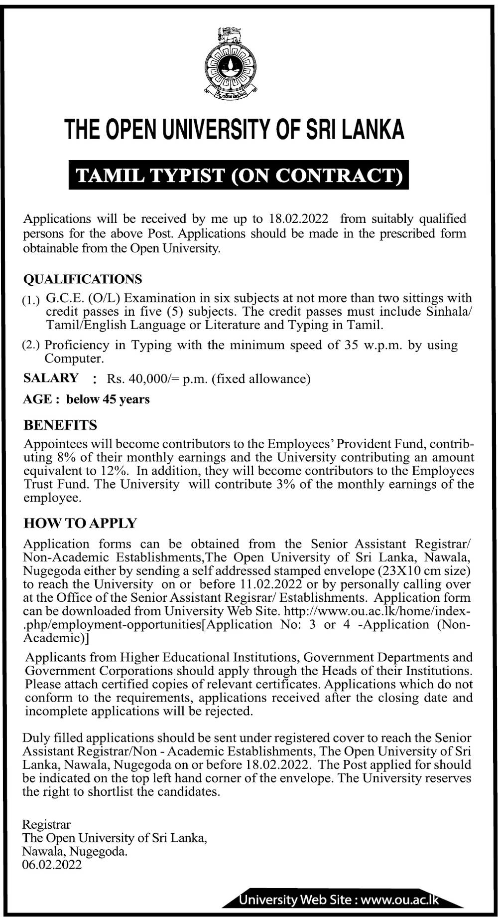 Typist (Tamil) - The Open University of Sri Lanka