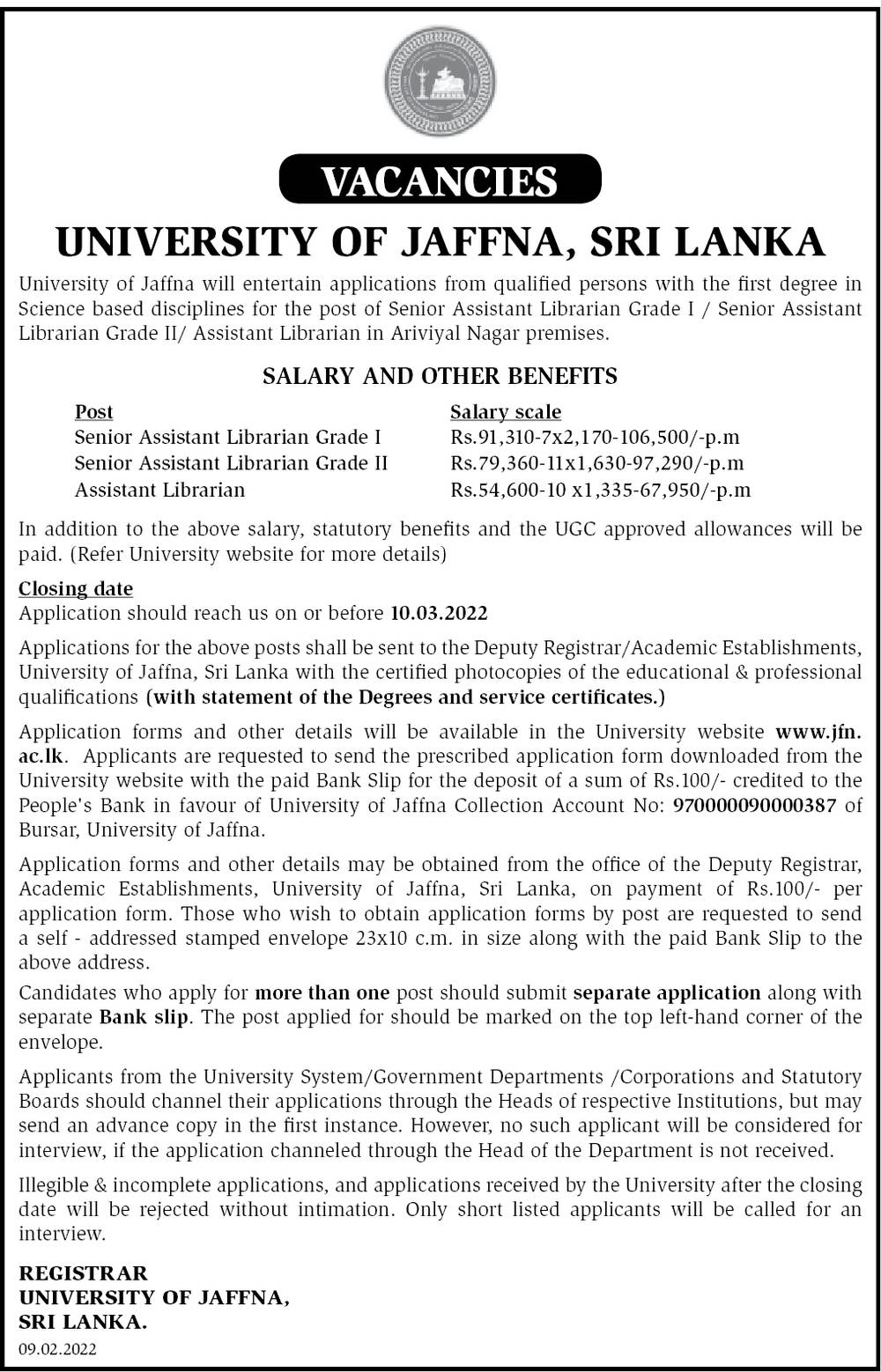 Senior Assistant Librarian, Assistant Librarian - University of Jaffna 