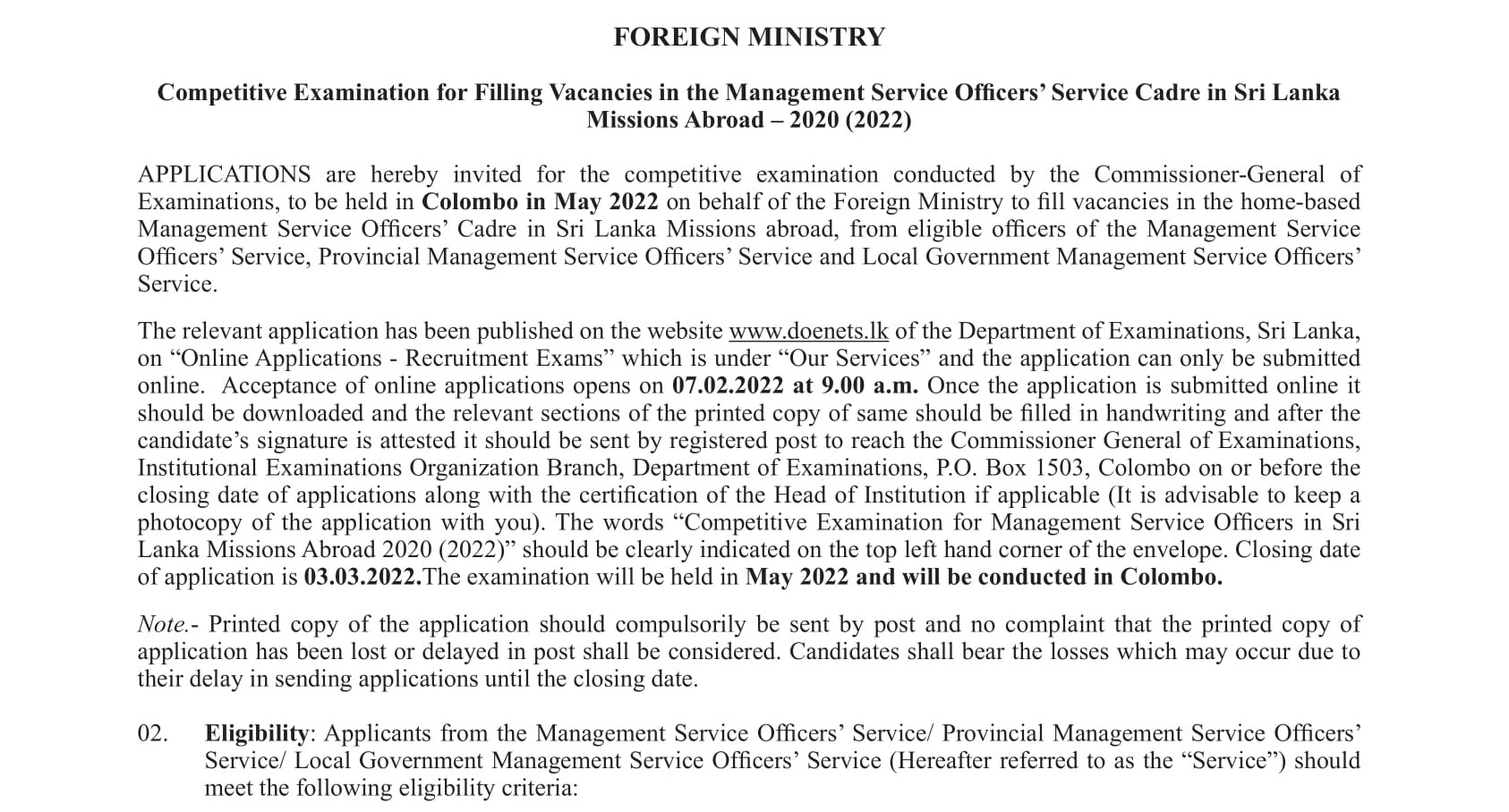 Competitive Examination for Filling Vacancies in the Management Service Officersâ€™ Service Cadre in Sri Lanka Missions Abroad - Foreign Ministry