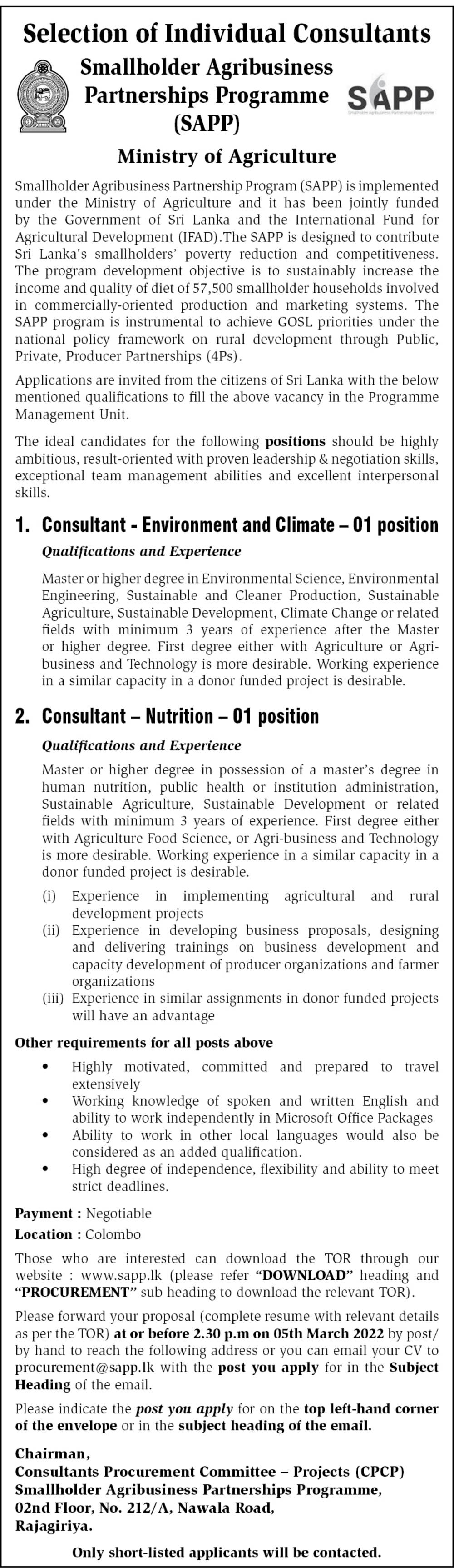 Consultant (Environment & Climate, Nutrition) - Smallholder Agribusiness Partnerships Programme (SAPP) - Ministry of Agriculture