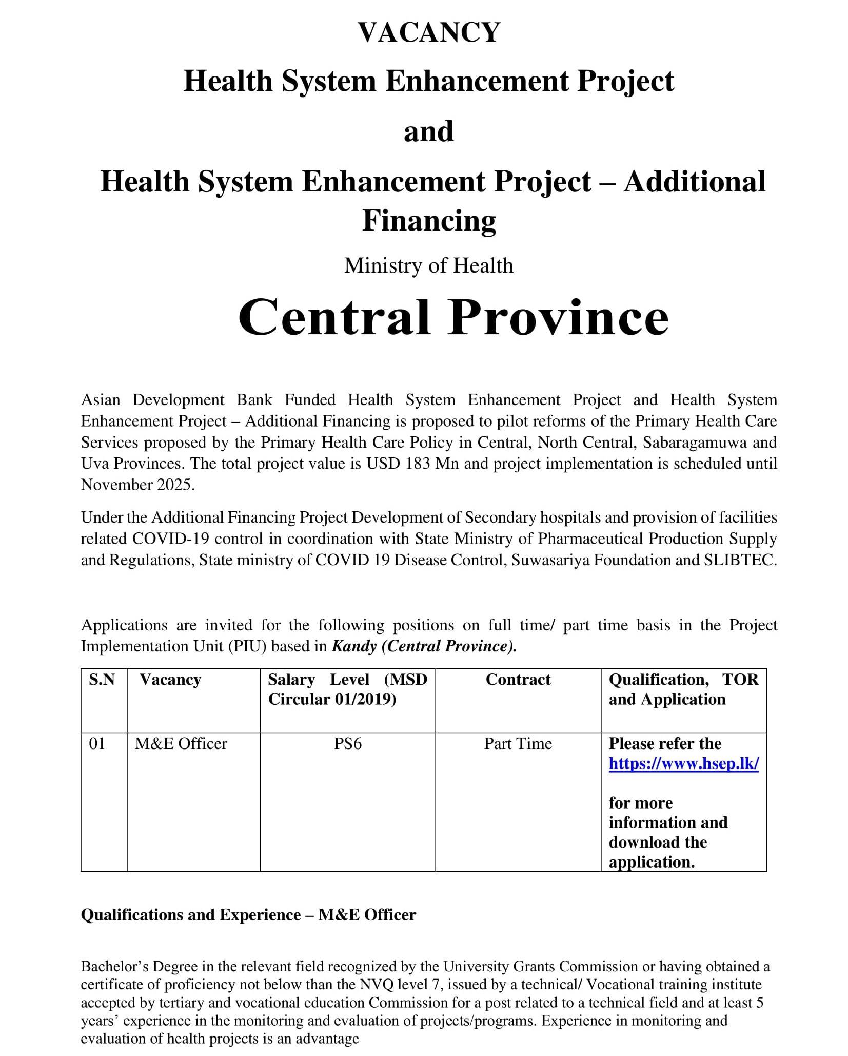 Monitoring & Evaluation Officer, Project Secretary, Project Officer - Ministry of Health - Central Province