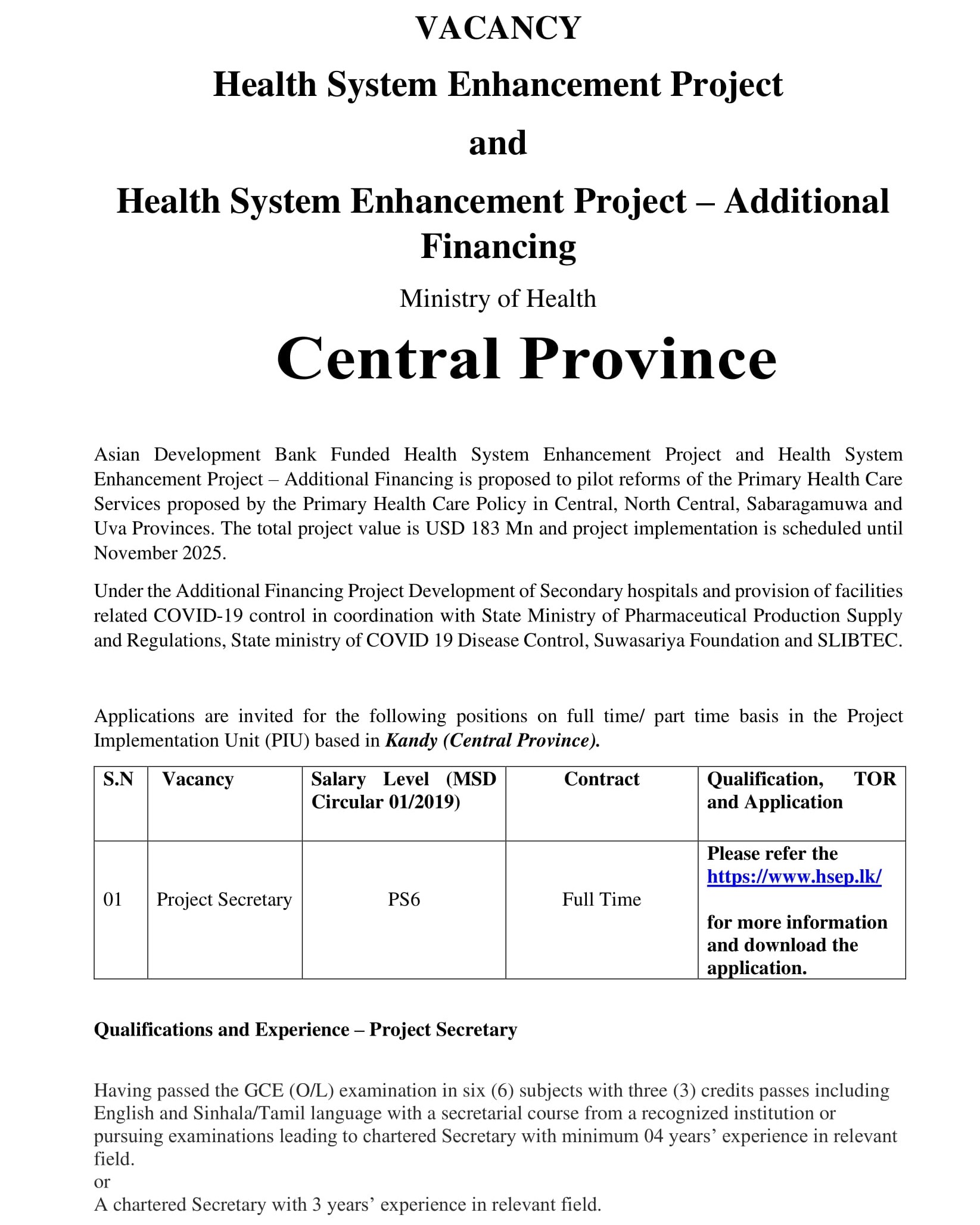 Monitoring & Evaluation Officer, Project Secretary, Project Officer - Ministry of Health - Central Province