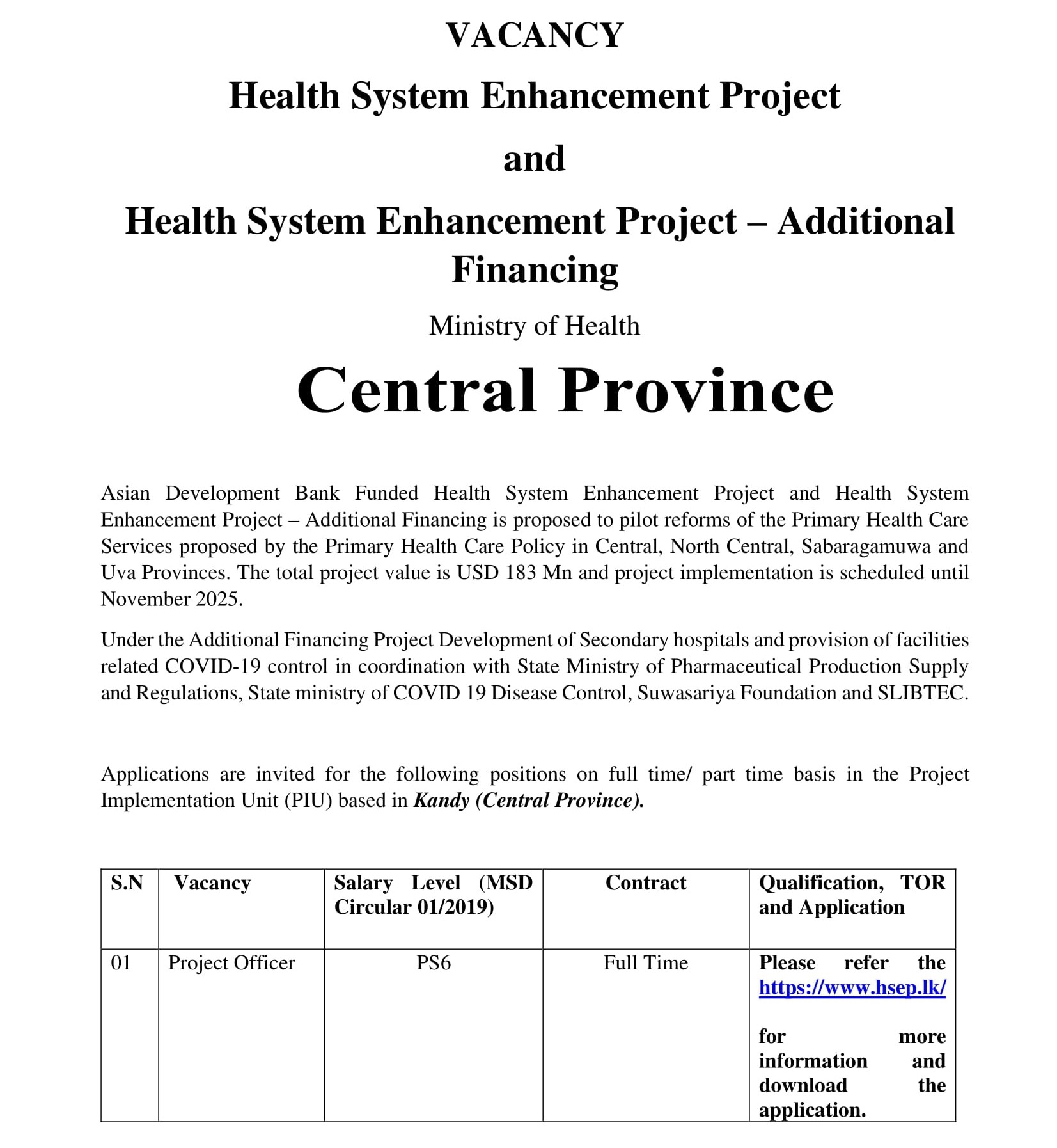 Monitoring & Evaluation Officer, Project Secretary, Project Officer - Ministry of Health - Central Province